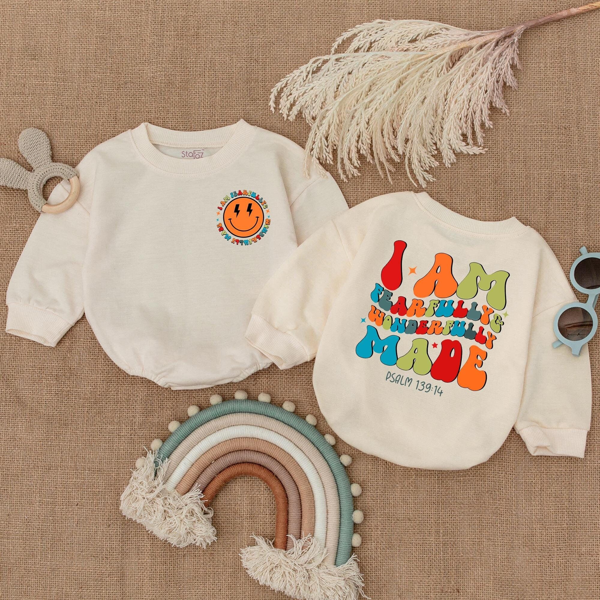 Fearfully and Wonderfully Made Baby Romper with Colorful Psalm 139:14 Text Soft Cotton Infant Toddler Holiday Outfit Smiley Face Design