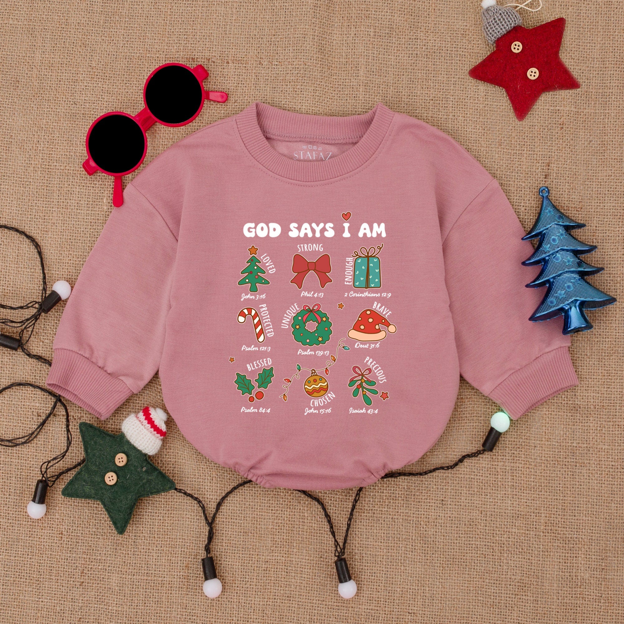 God Says I Am Christmas Bubble Romper for Baby Holiday Outfit Festive Toddler Clothes with Trees Gifts Wreaths Reindeer Snowflakes
