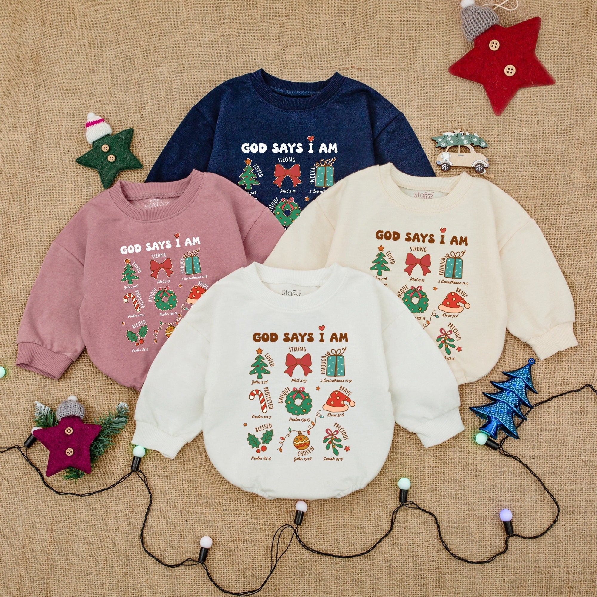 God Says I Am Christmas Bubble Romper for Baby Holiday Outfit Festive Toddler Clothes with Trees Gifts Wreaths Reindeer Snowflakes
