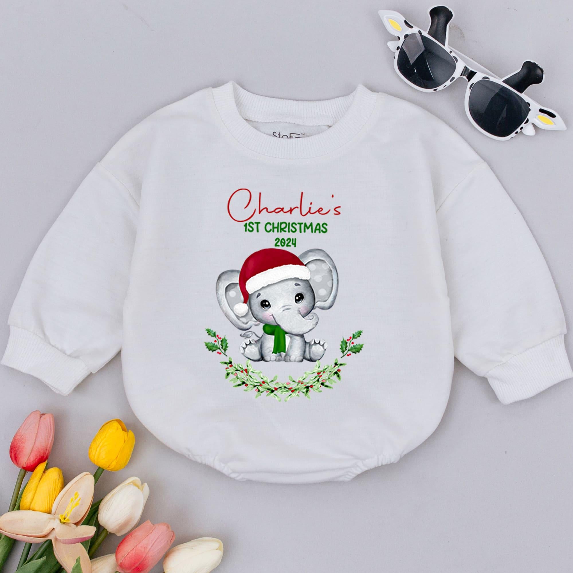Personalized Baby's First Christmas Romper with Elephant Holiday Design Adorable Infant Outfit Cute Baby Shower Gift Soft Cotton