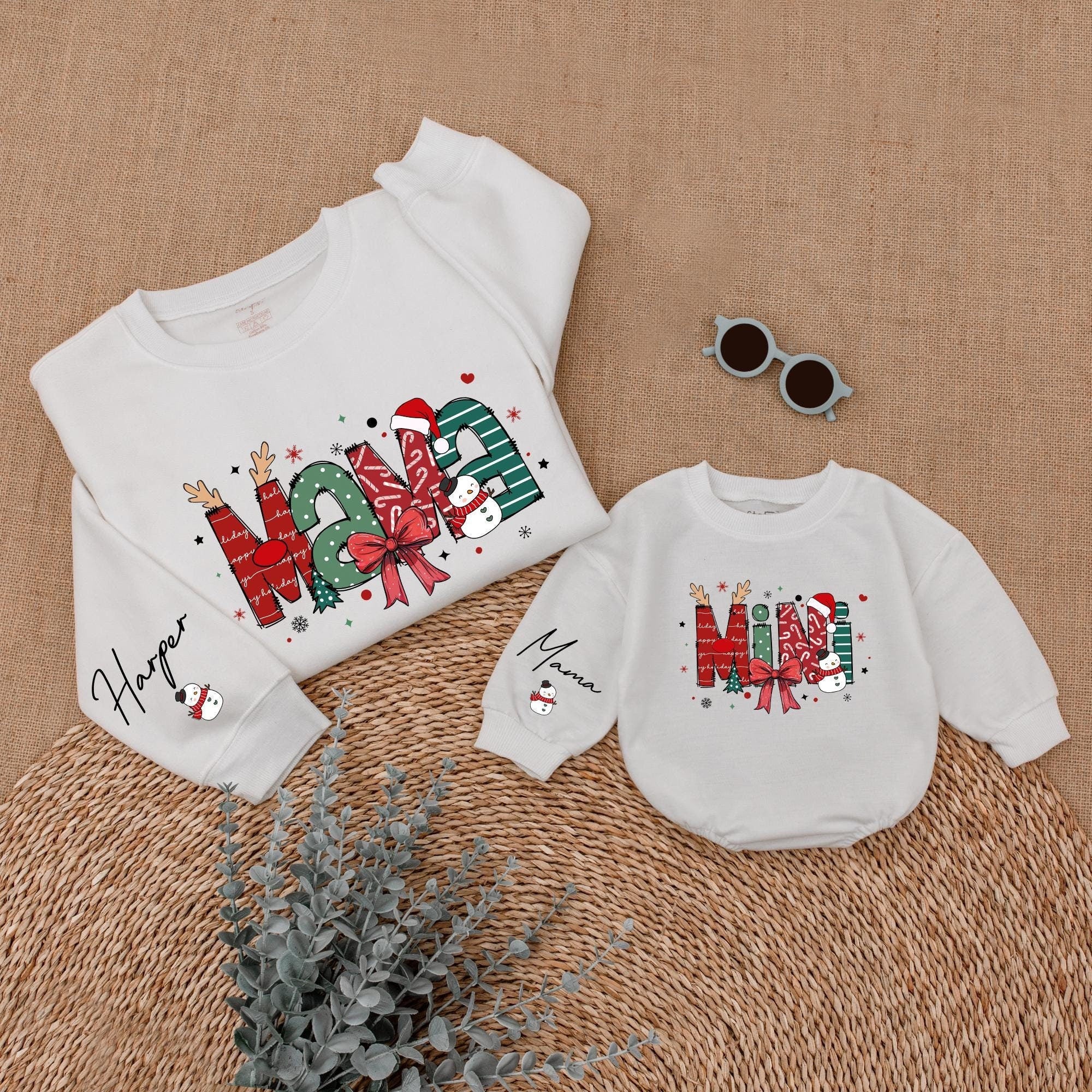 Custom Christmas Mama Mini Sweatshirts in Festive Colors Holiday Family Matching Outfit with Personalized Names Snowman and Bow Design