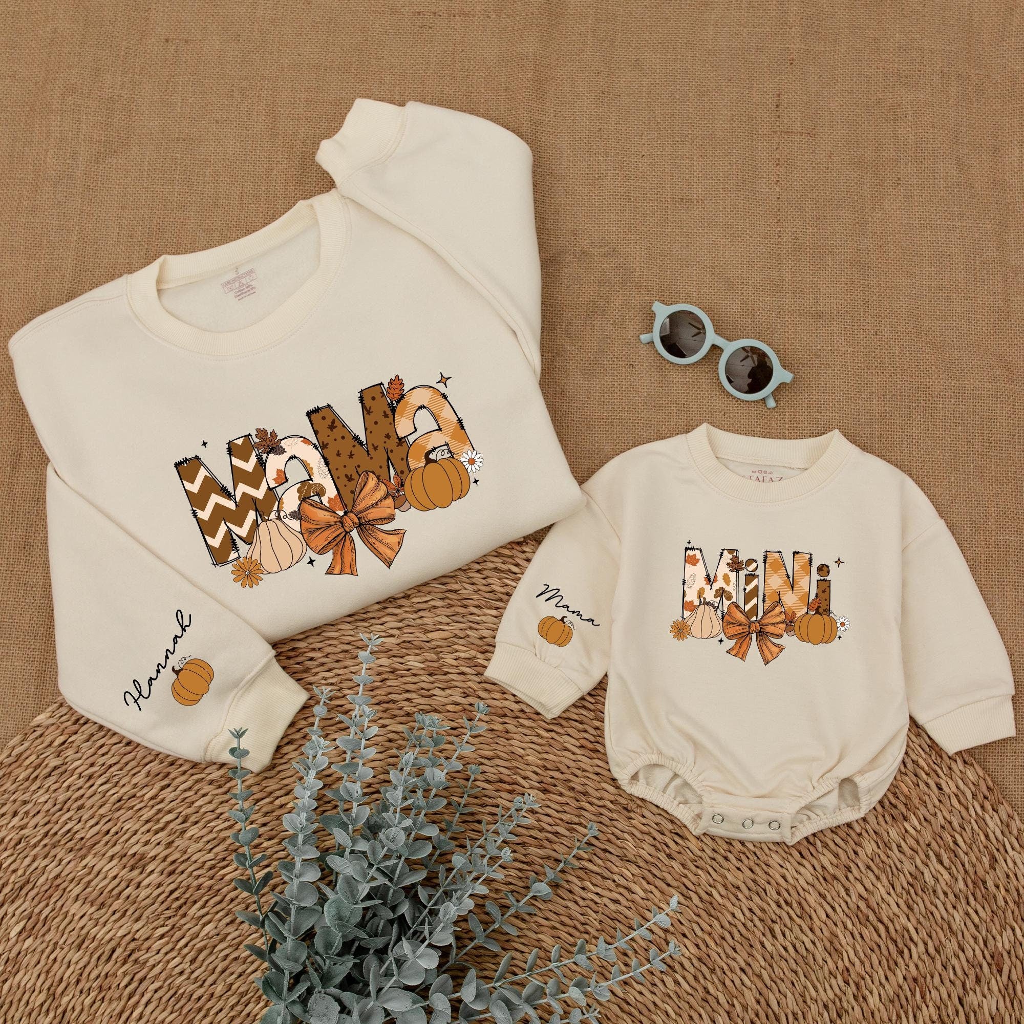 Custom Mama and Mini Fall Sweater Thanksgiving Matching Outfit Autumn Bow Pumpkin Leaf Design Toddler Girl Mom Cozy Family Gift