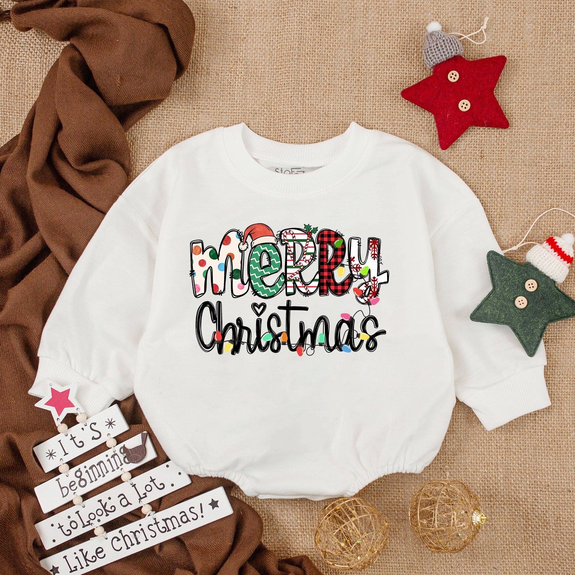 Merry Christmas Baby Romper with Festive Patterns My First Holiday Bodysuit Soft Long Sleeve Outfit Gift for Infant Boy or Girl