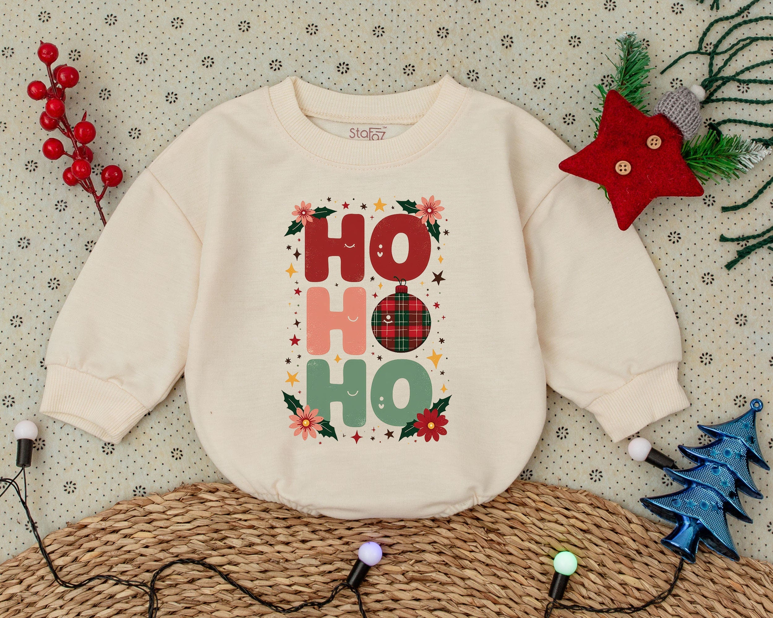Festive Ho Ho Ho Baby Romper with Plaid Ornament Christmas Infant Girl Clothes Toddler Boy Sweatshirt Holiday Vintage Style Gift