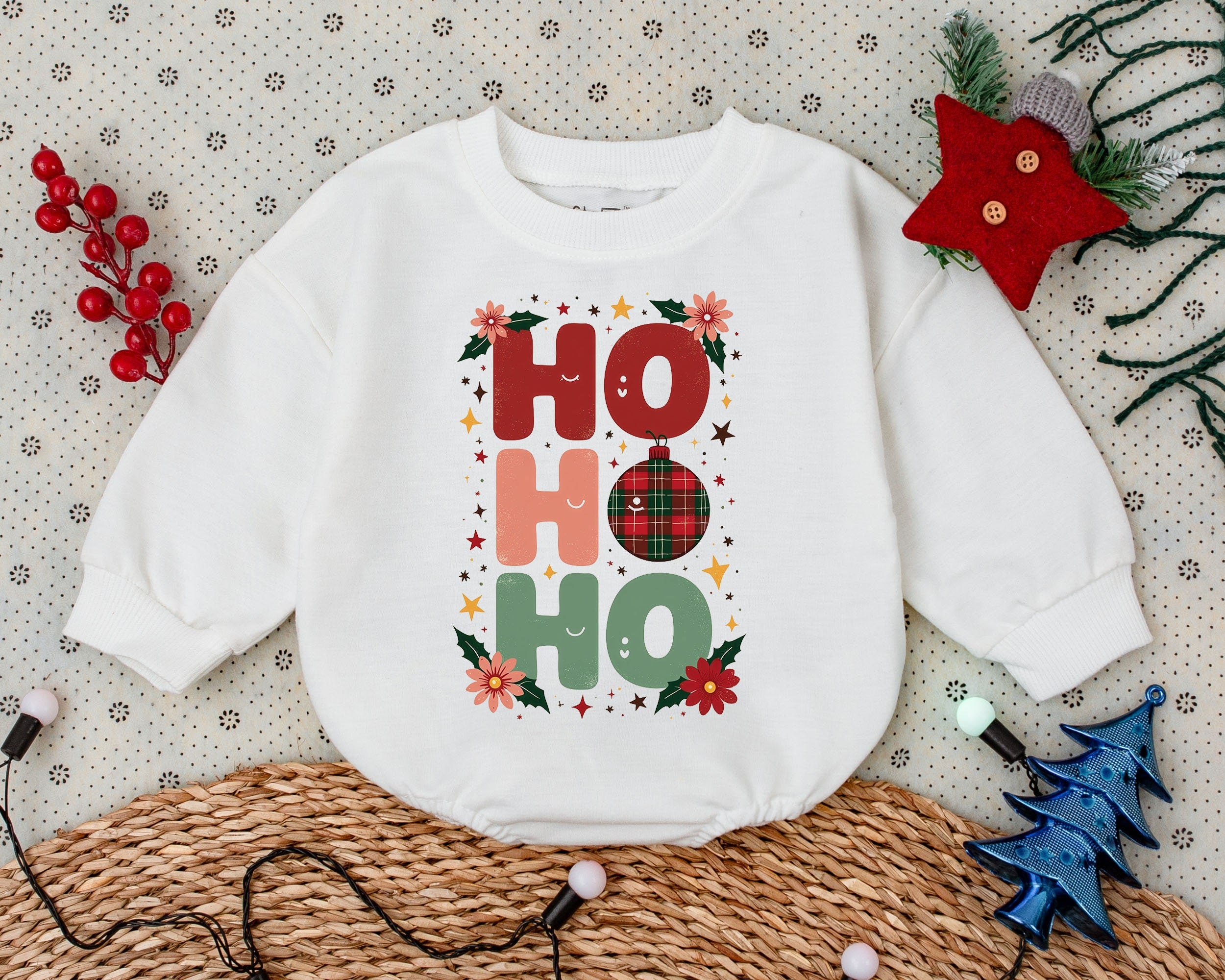 Festive Ho Ho Ho Baby Romper with Plaid Ornament Christmas Infant Girl Clothes Toddler Boy Sweatshirt Holiday Vintage Style Gift