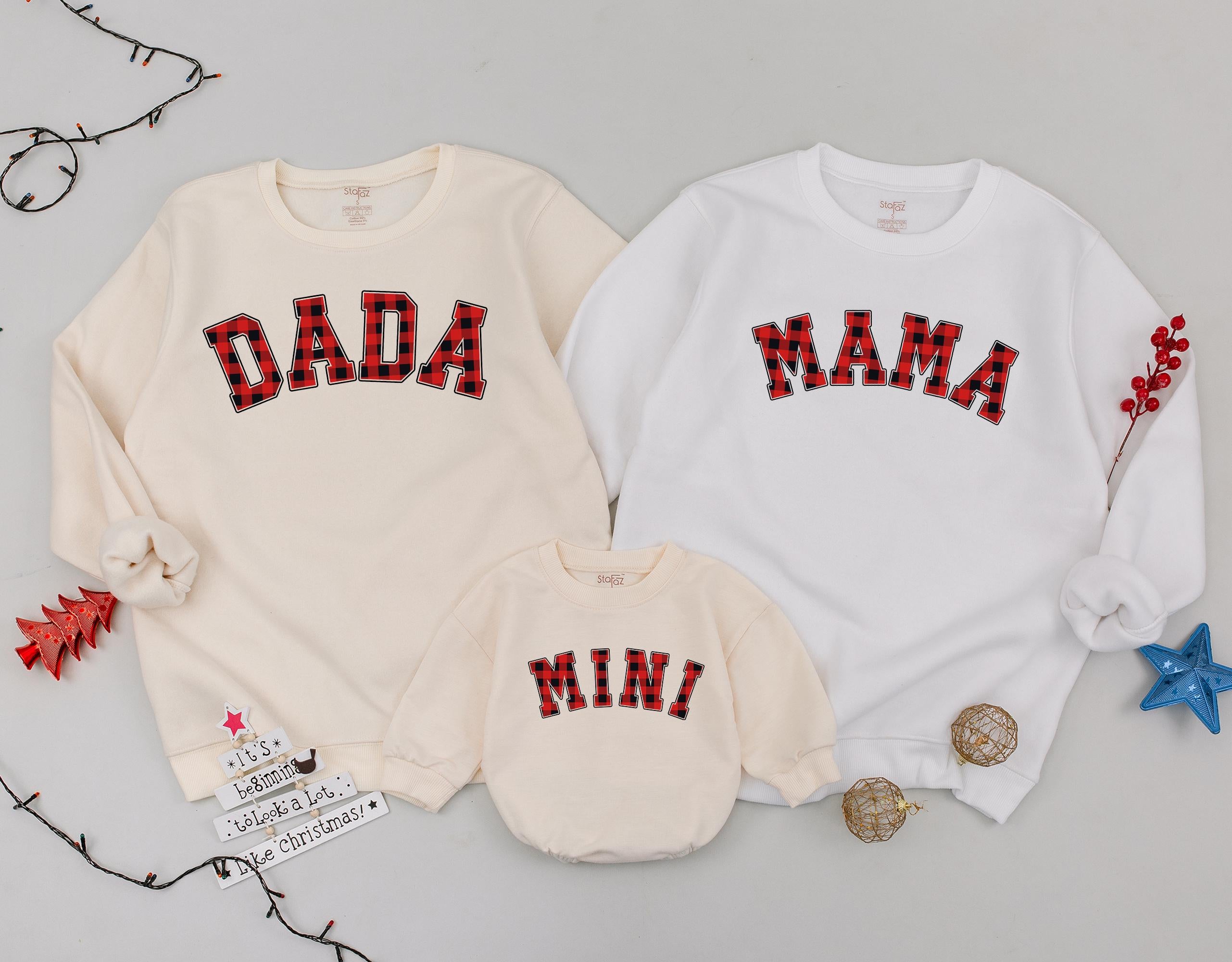 Personalized Red Plaid Christmas Mama Mini Sweatshirt Matching Family Holiday Outfit Baby Girl Romper Custom Names Cozy Festive Gift