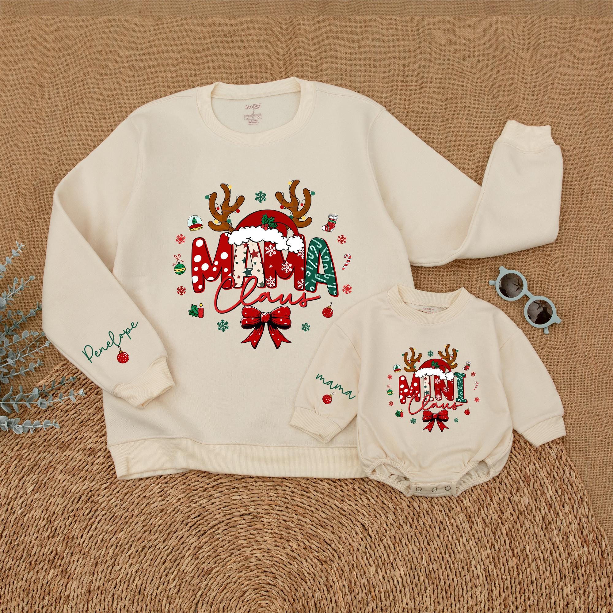 Custom Mama and Mini Claus Christmas Sweatshirt Set for Family Holiday Outfits Personalized Names Festive Design Cozy Winter Wear