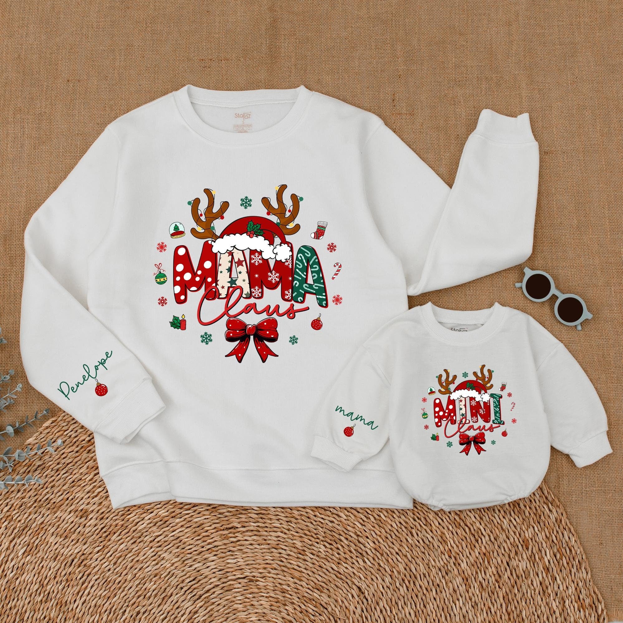Custom Mama and Mini Claus Christmas Sweatshirt Set for Family Holiday Outfits Personalized Names Festive Design Cozy Winter Wear