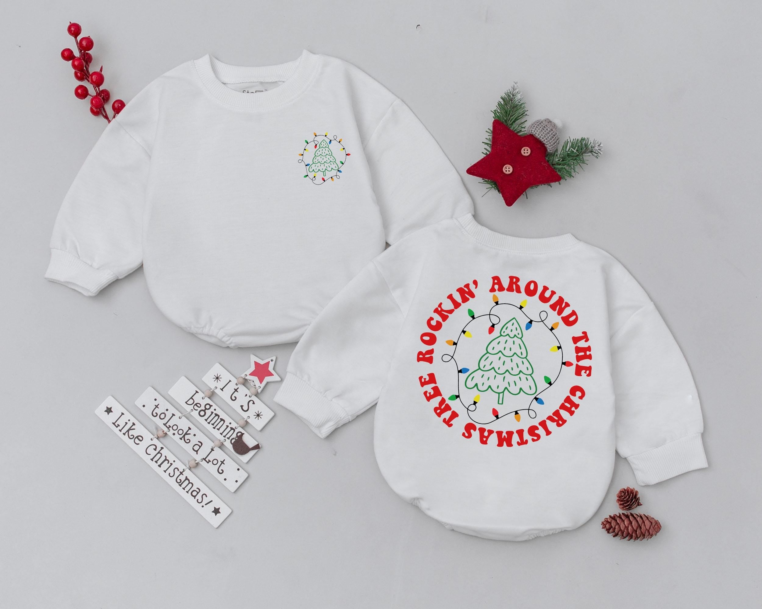 Rockin' Around The Christmas Tree Baby Romper First Xmas Gift Vintage Style Newborn Holiday Outfit Retro Colors Soft Cotton Infant Wear