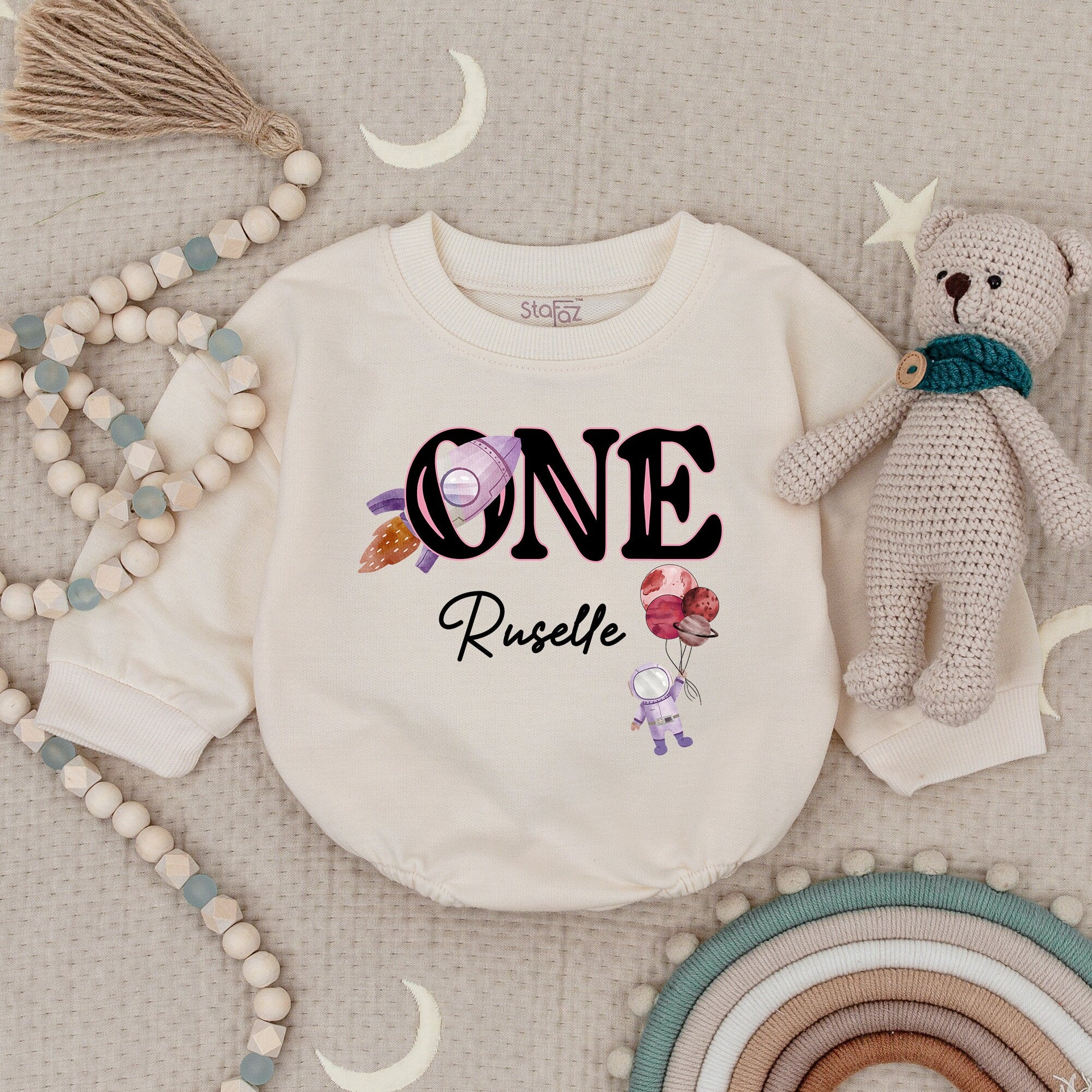 Ruselle's Space-Themed First Birthday Romper Astronaut Baby Outfit Soft Cotton Pastel Girl Celebration Bodysuit Custom Name Gift