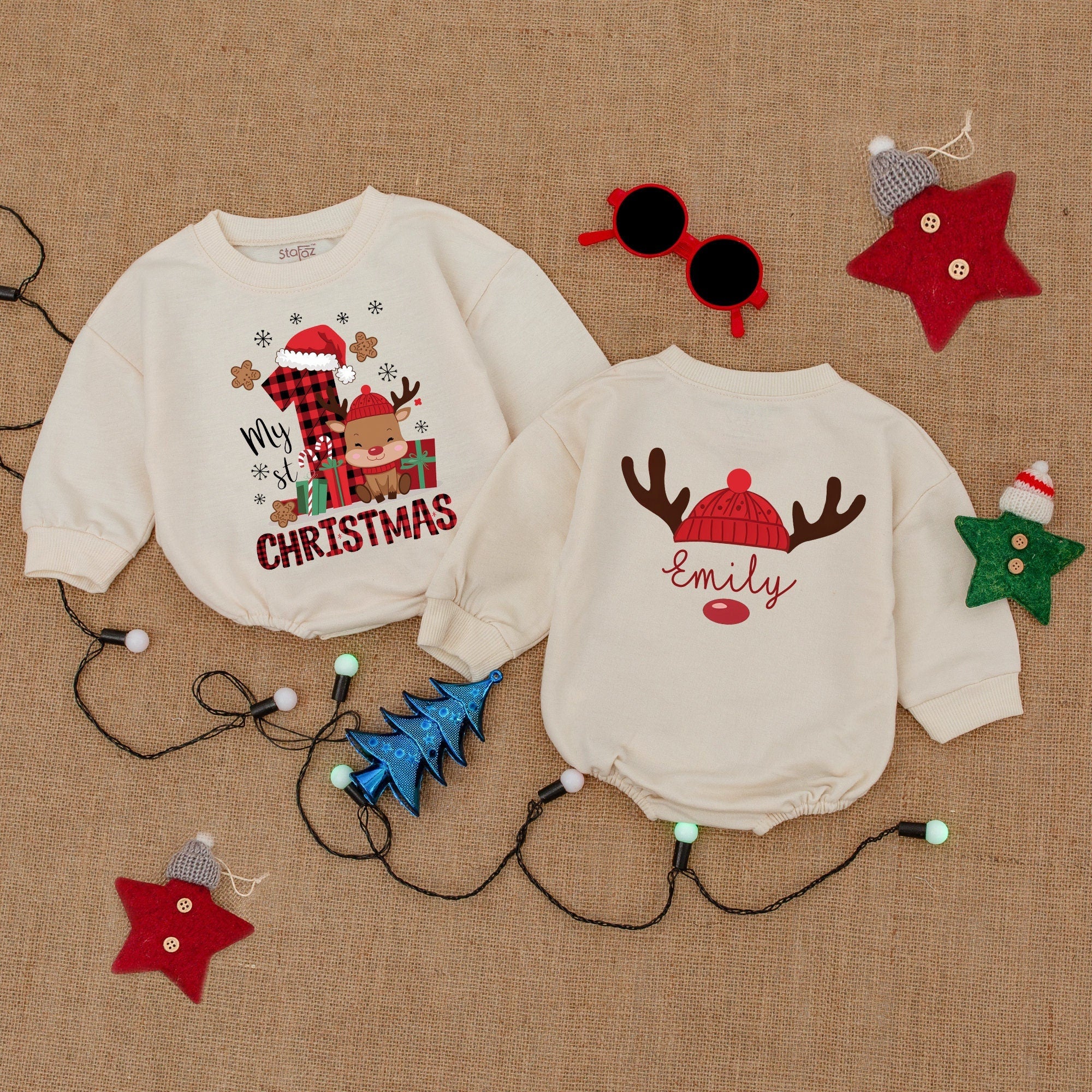 Custom Name Baby's First Christmas Bodysuit Red Knit Hat Reindeer Design Infant Holiday Outfit Soft Cotton Personalized Baby Gift