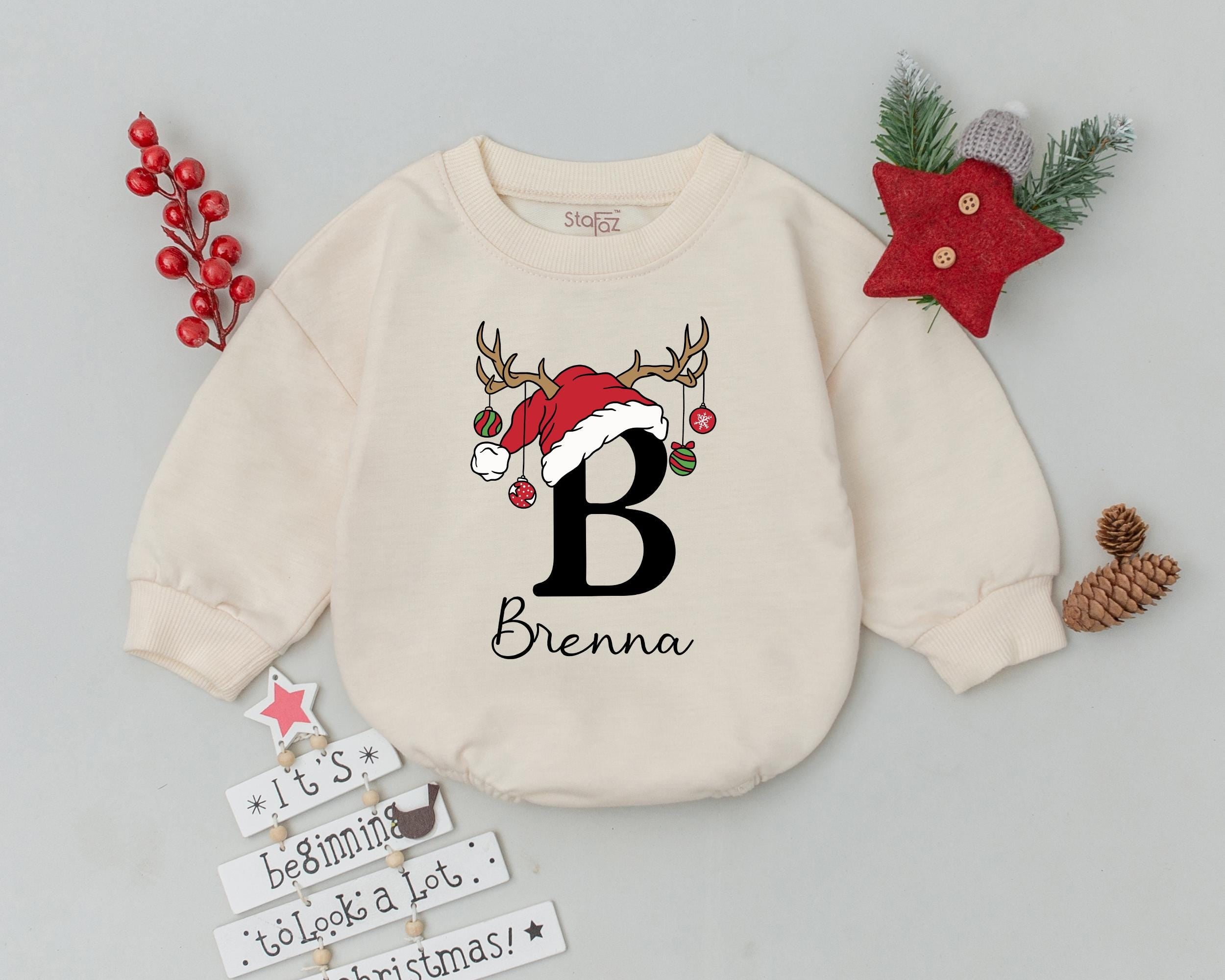 Personalized Baby's First Christmas Romper with Festive Letter B Design Holiday Toddler Outfit Soft Cotton Infant Bodysuit Gift