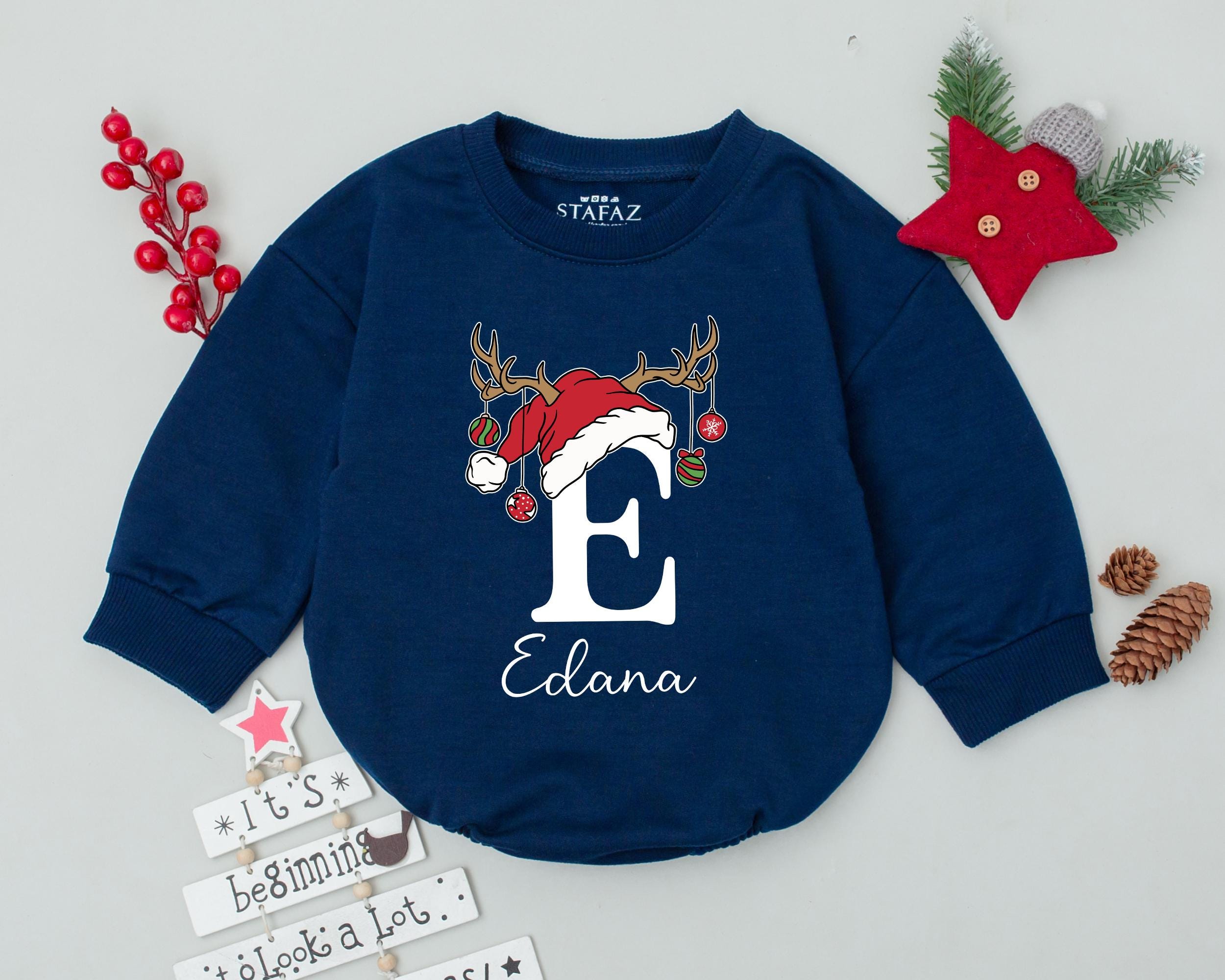 Personalized Baby's First Christmas Romper with Festive Letter B Design Holiday Toddler Outfit Soft Cotton Infant Bodysuit Gift