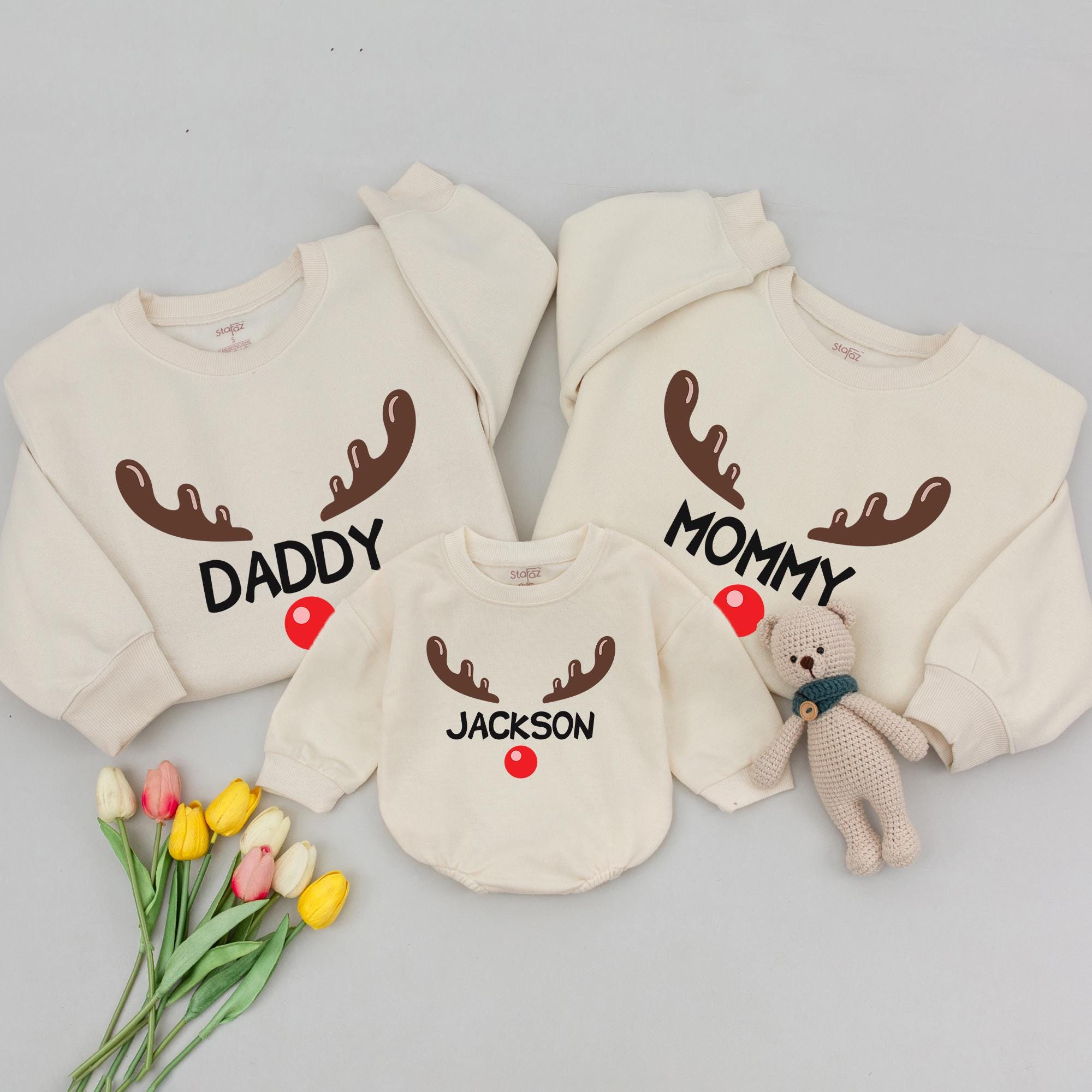 Personalized Reindeer Christmas Family Shirts with Custom Names Festive Matching Holiday Outfits Cotton Soft Mom Dad Baby Xmas Gift