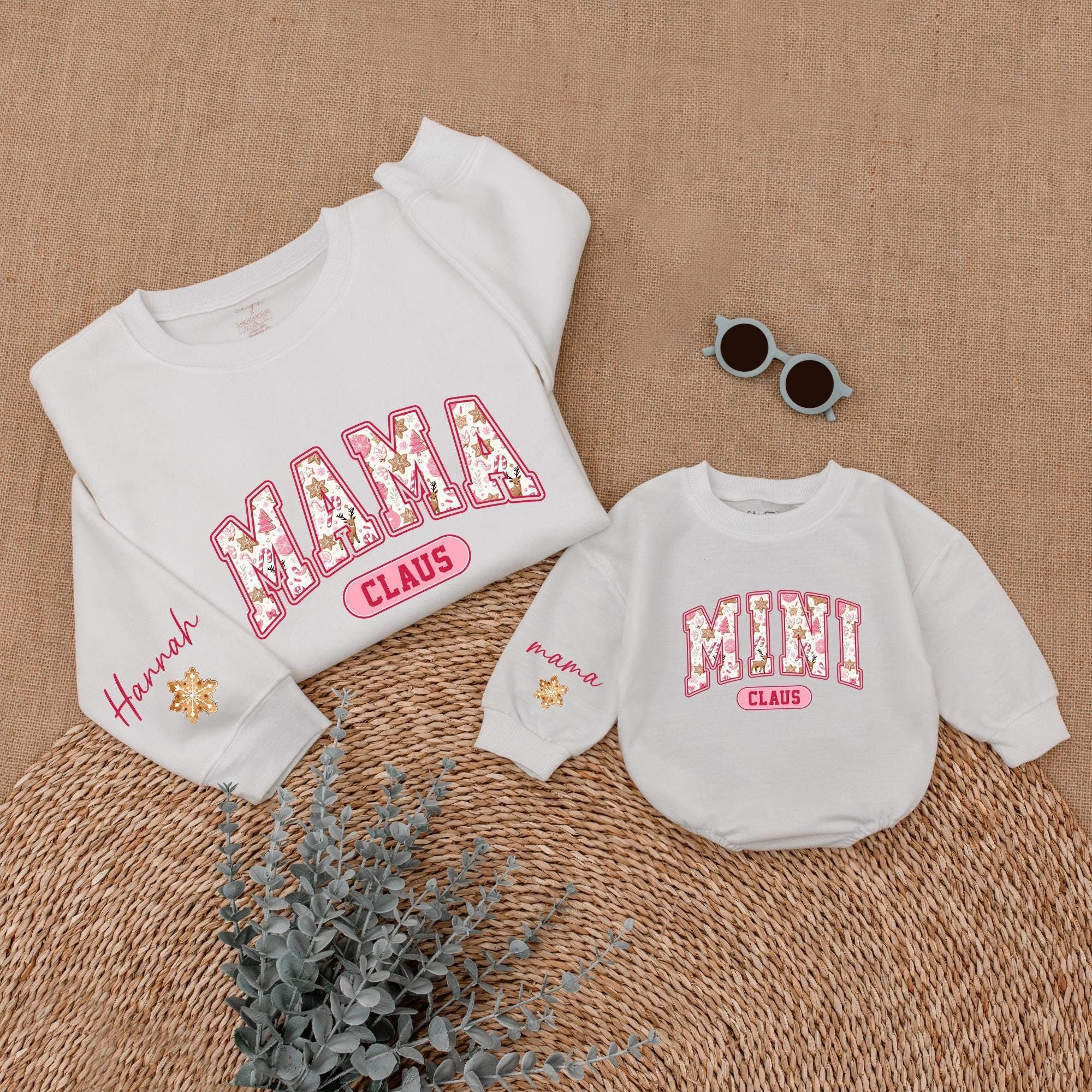 Personalized Mama and Mini Claus Christmas Sweatshirt Candy Cane Stripe Matching Family Holiday Outfit Soft Cotton Baby Romper