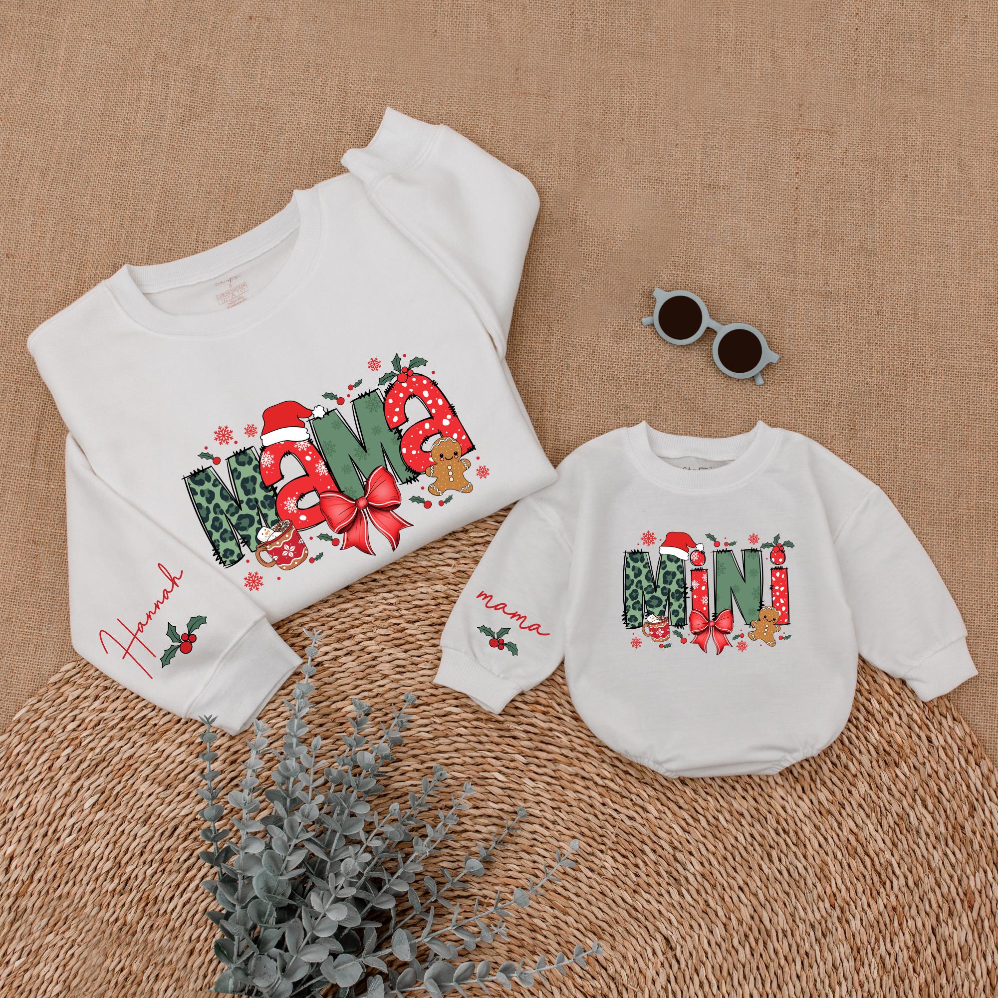 Custom Christmas Mama and Mini Sweatshirt Festive Family Matching Outfit Holiday Design with Santa Hats Snowflakes Gingerbread Men