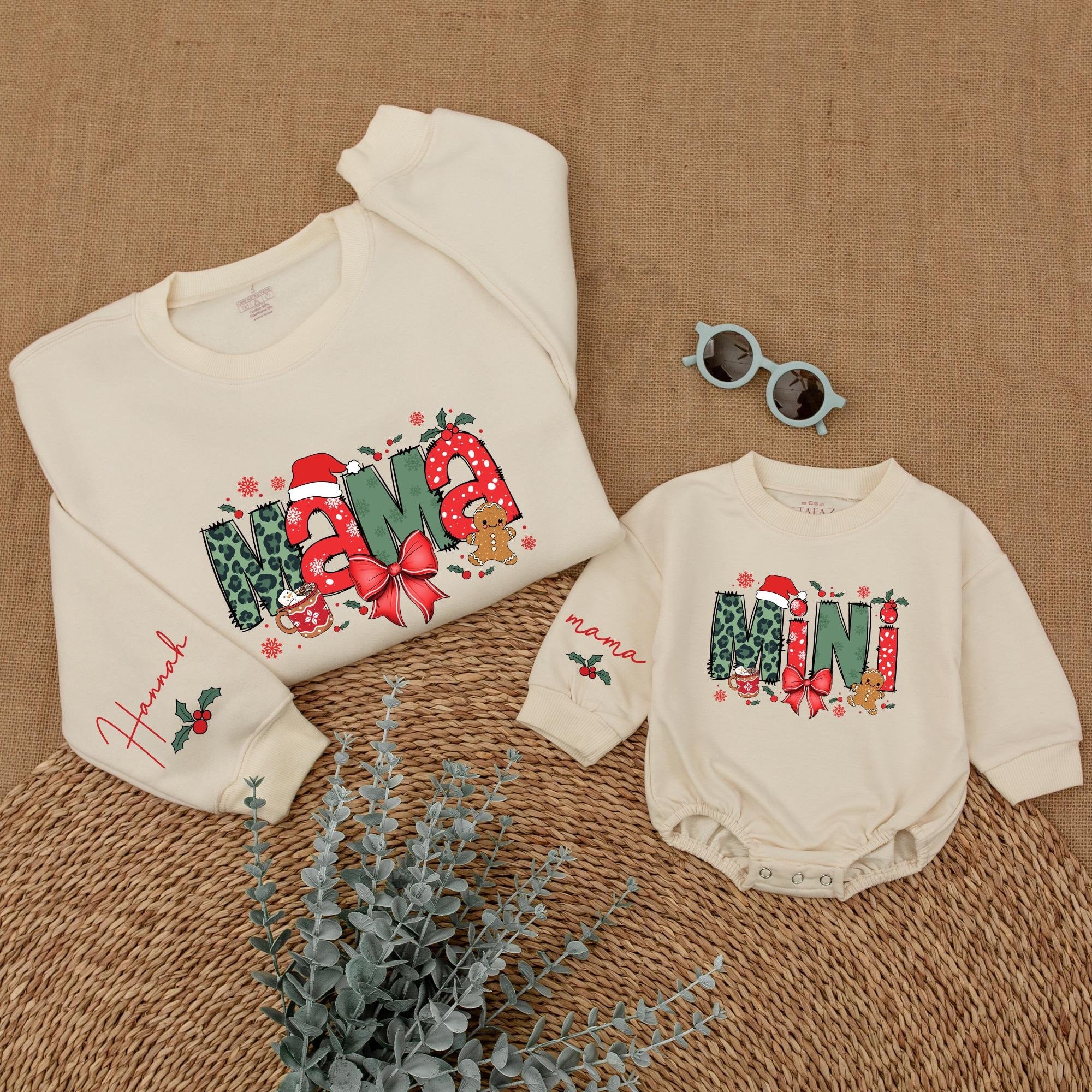 Custom Christmas Mama and Mini Sweatshirt Festive Family Matching Outfit Holiday Design with Santa Hats Snowflakes Gingerbread Men