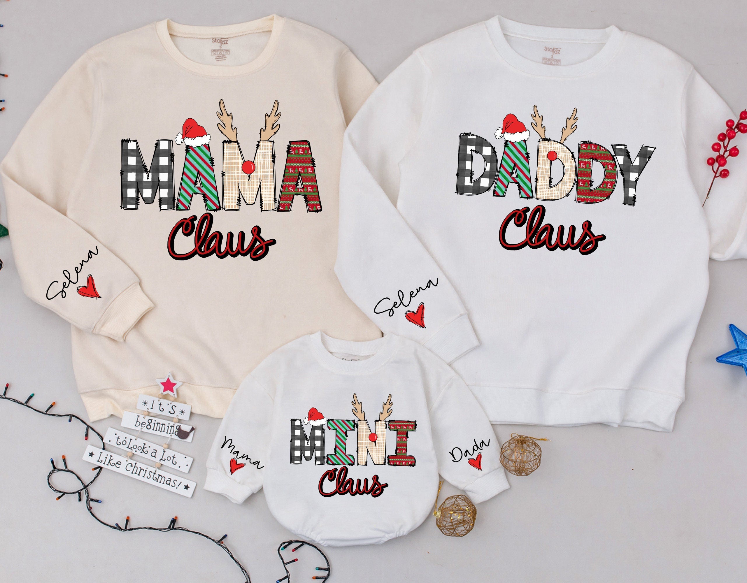 Personalized Mama and Mini Claus Sweatshirts with Festive Patterns Family Christmas Outfit Custom Names Comfortable Holiday Gift