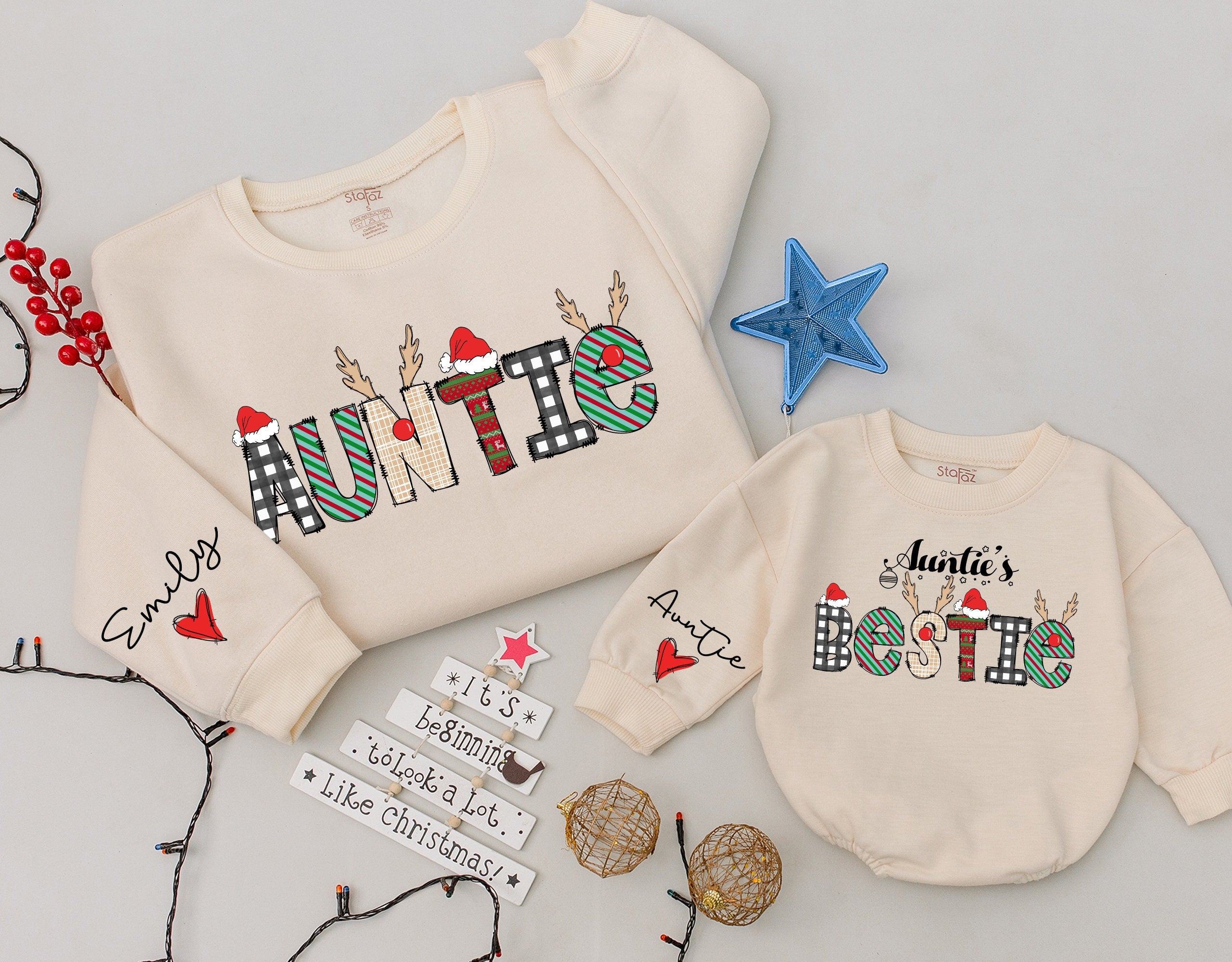Personalized Auntie and Niece Christmas Sweatshirts Festive Holiday Matching Outfits Custom Names Playful Plaid Stripes Design Cotton