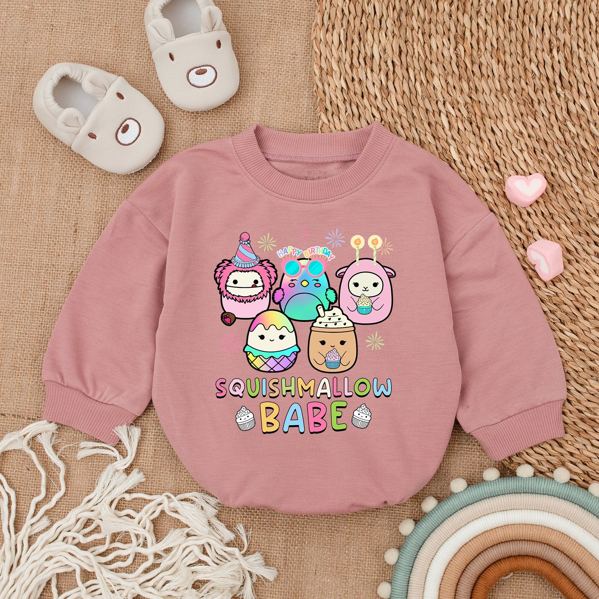 Squishmallow Birthday Romper for Kids Playful Cupcake Star Design Soft Toddler Sweater Cheerful Colorful Baby Girl Party Outfit