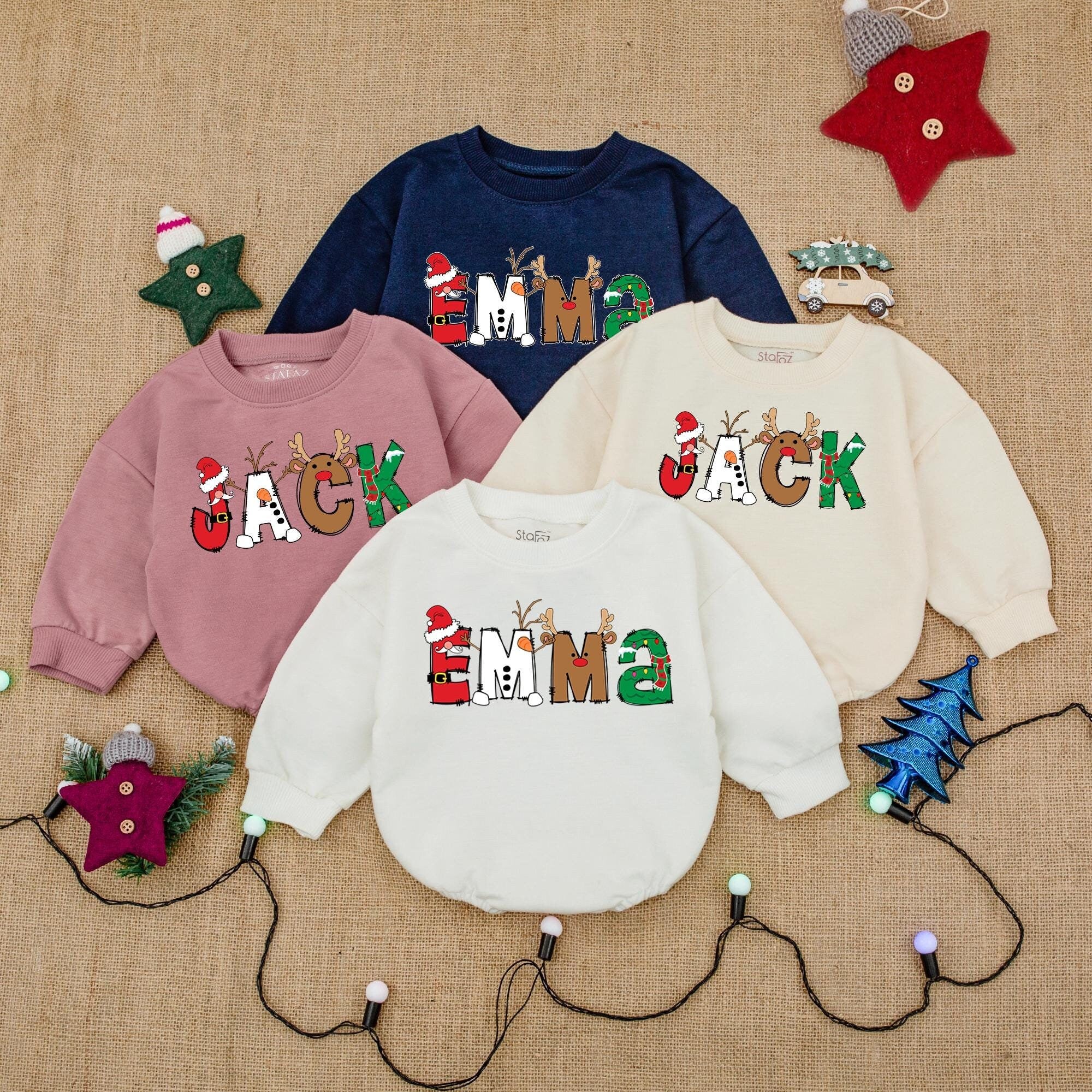 Custom Name Christmas Baby Romper Festive Holiday Outfit with Santa Hats Snowflakes Antlers Vibrant Red Green White Cotton Soft Clothing