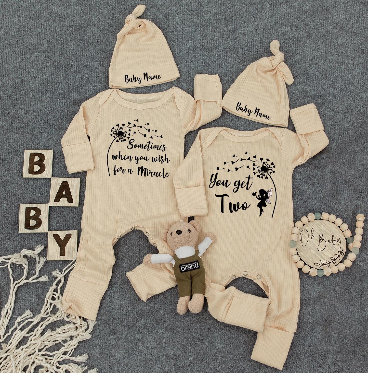 Custom Name Twin Bodysuit Set Heartfelt Dandelion Design Baby Outfit Newborn Infant Cute Gift Cotton Soft Birthday Holiday Wear