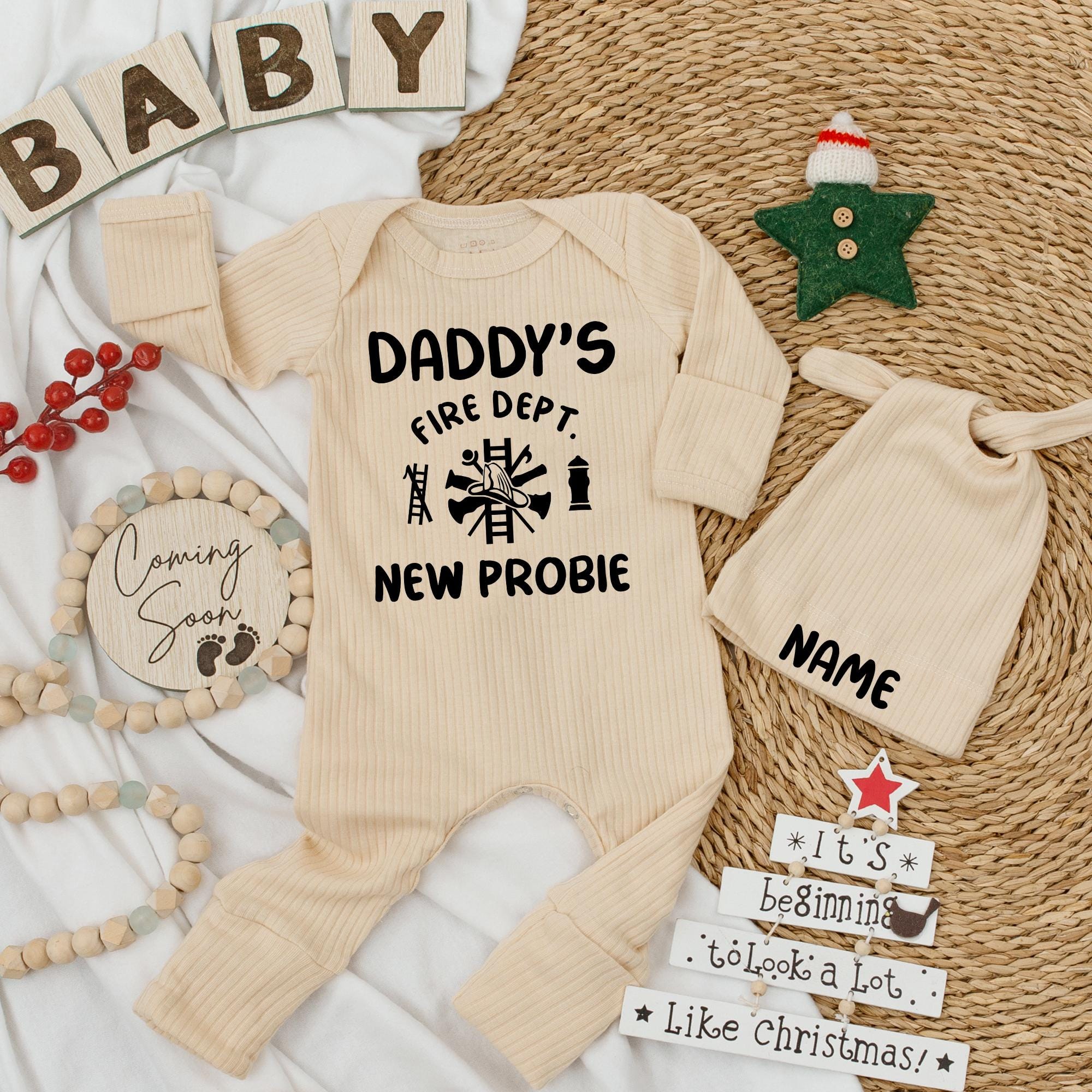 Personalized Daddy's New Probie Firefighter Baby Bodysuit and Hat Set Newborn Gift Fire Dept Design Baby Shower Cotton Outfit