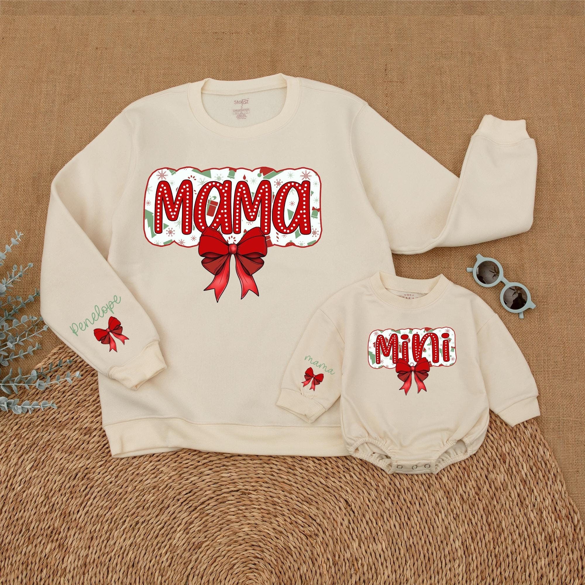 Personalized Mama Mini Christmas Bow Outfits Soft Baby Girl Romper Festive Holiday Family Celebration Gift Custom Names Cotton Apparel