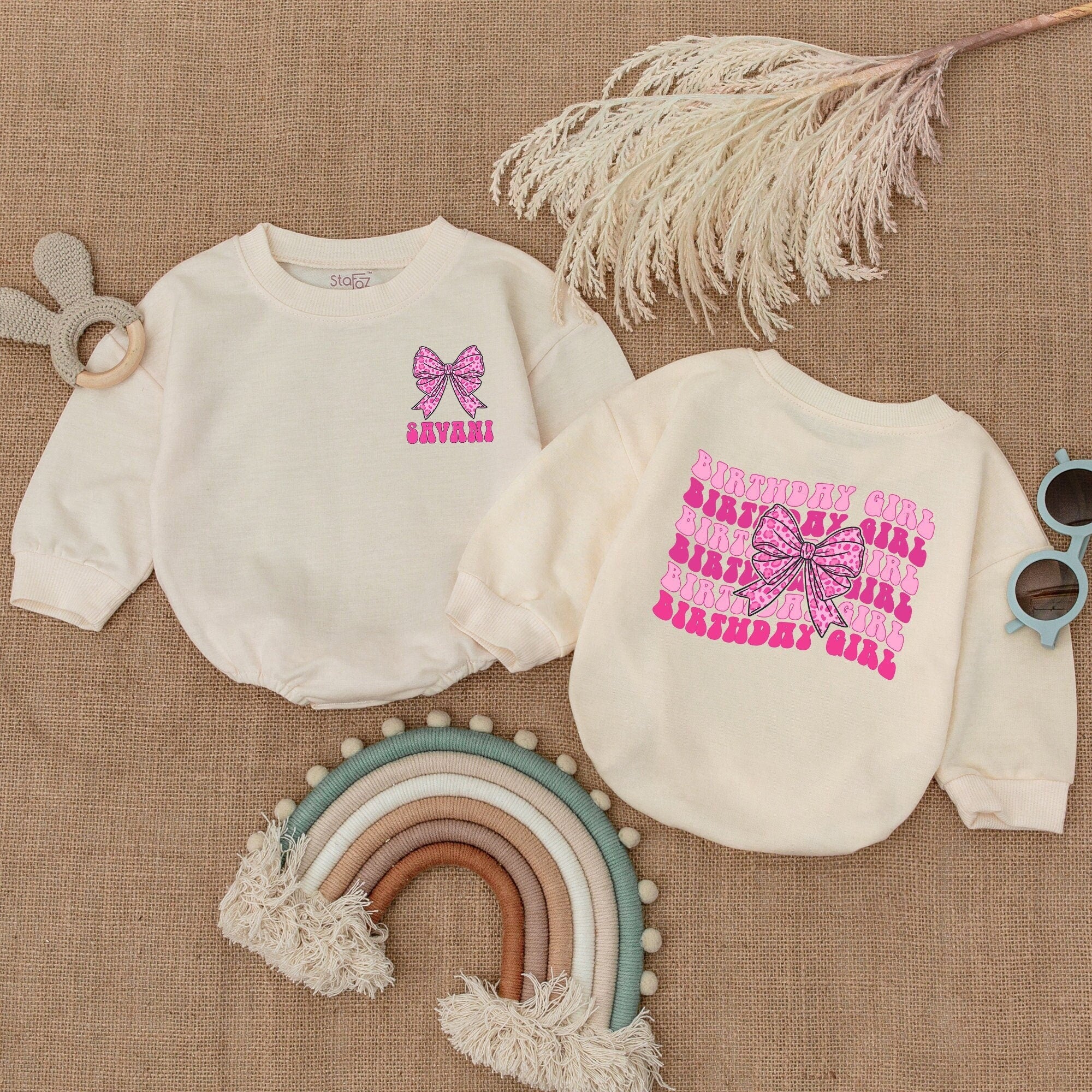 Personalized Pink Bow Birthday Girl Romper First Birthday Outfit Soft Cotton Toddler Party Clothes Festive Pink Dotted Pattern