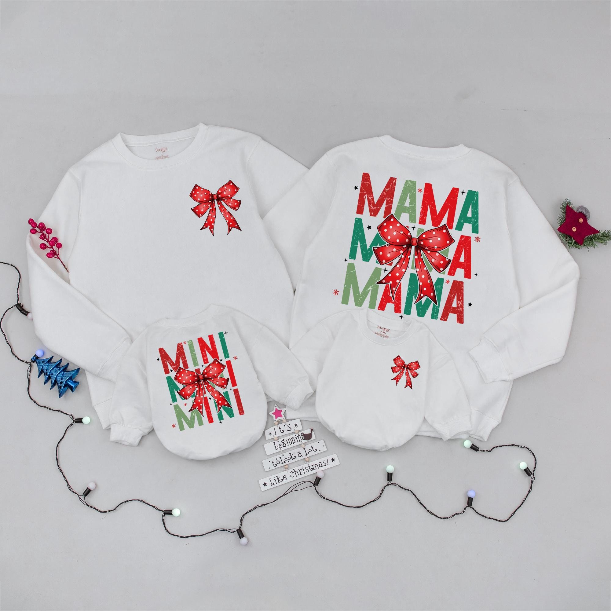 Mama and Mini Christmas Sweaters with Bow Holiday Matching Outfits Baby Girl Retro Design Festive Red Green Cotton Comfort Personalized Gift