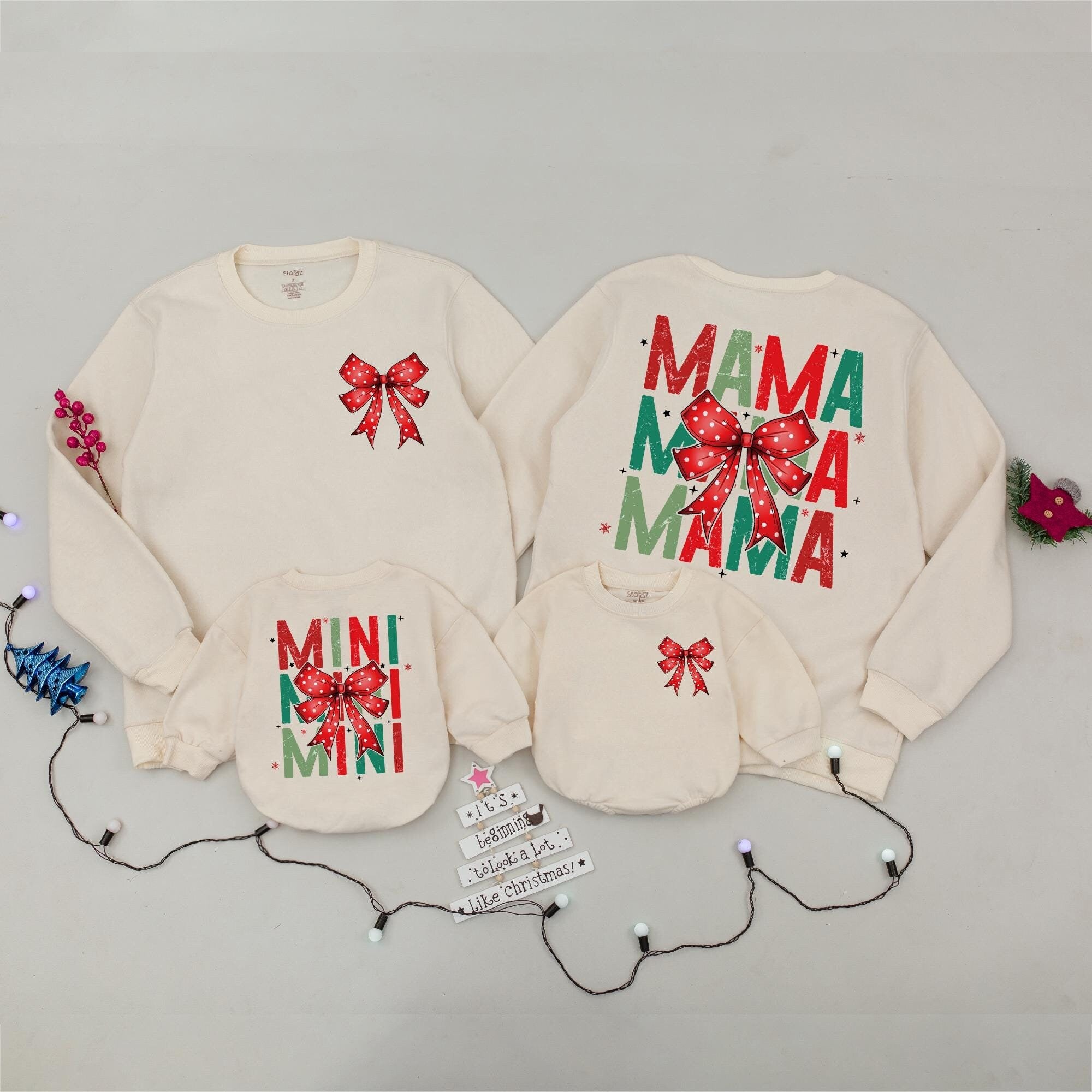 Mama and Mini Christmas Sweaters with Bow Holiday Matching Outfits Baby Girl Retro Design Festive Red Green Cotton Comfort Personalized Gift