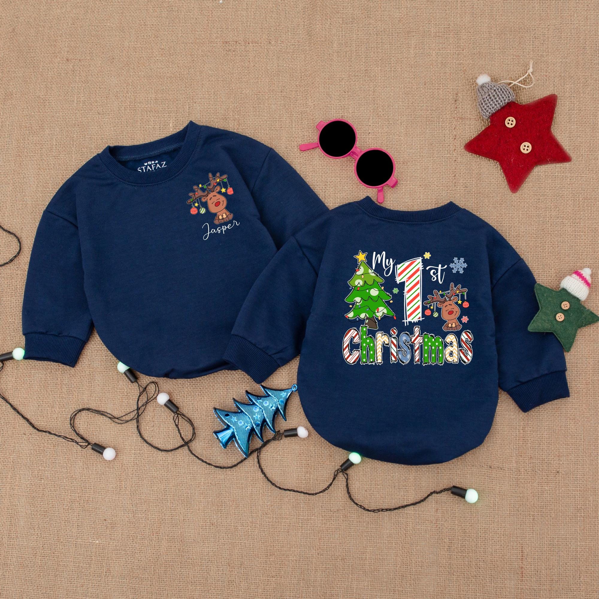 Personalized Baby's First Christmas Romper with Reindeer Santa Hat Holiday Outfit Custom Name Infant Cotton Clothes Red Green Blue