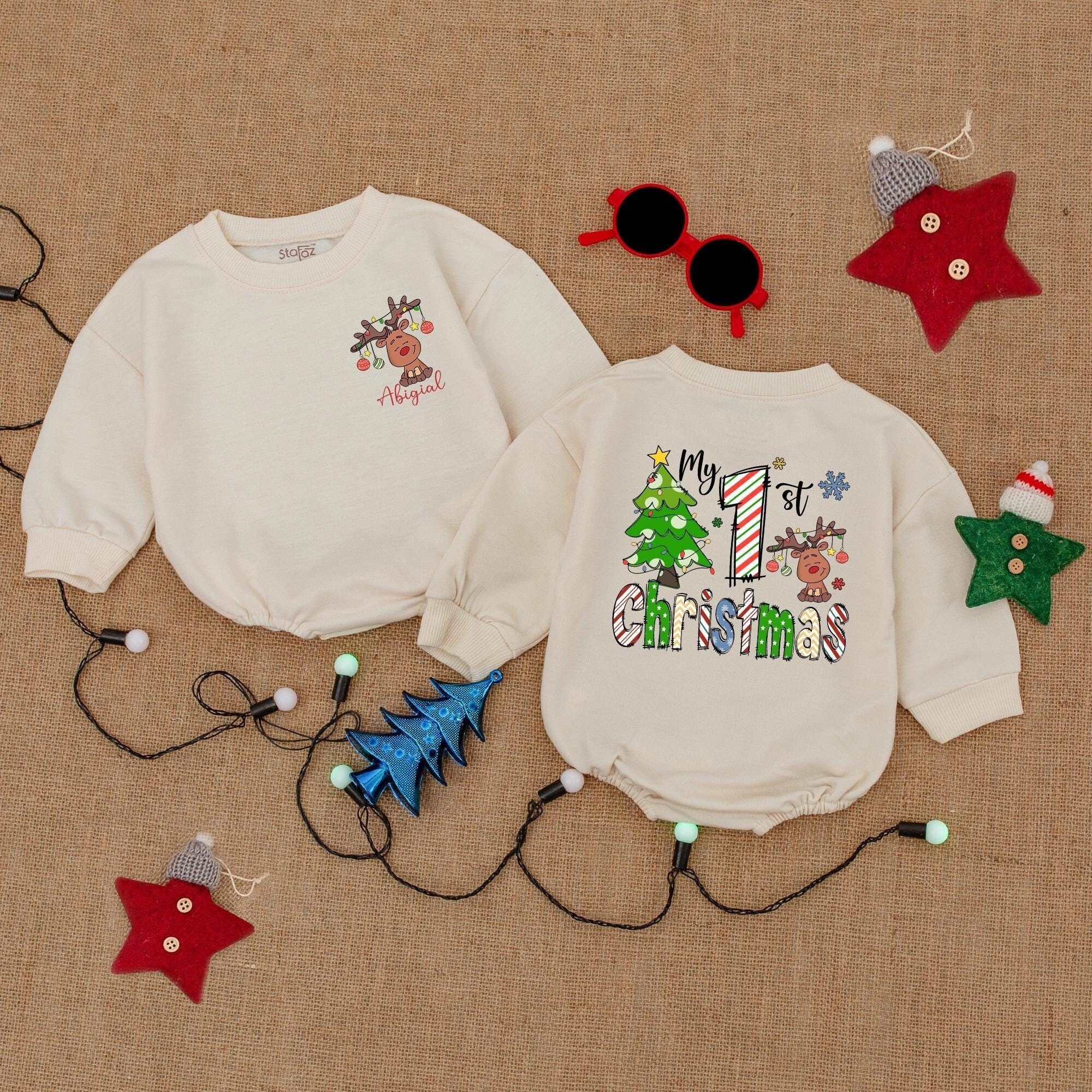 Personalized Baby's First Christmas Romper with Reindeer Santa Hat Holiday Outfit Custom Name Infant Cotton Clothes Red Green Blue