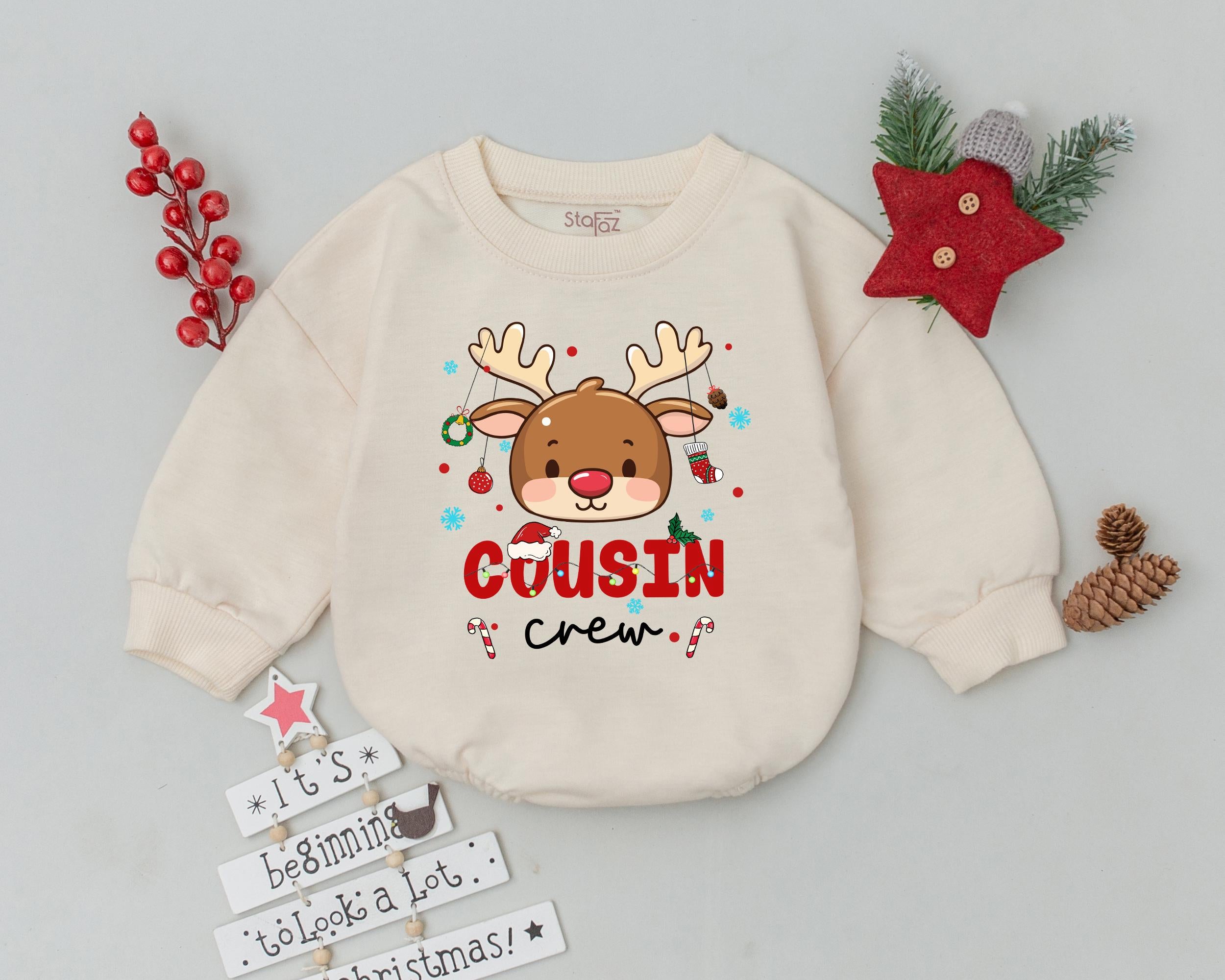 Cheerful Reindeer Cousin Crew Christmas Baby Romper Festive Newborn Bodysuit Holiday Outfit for Infant Gift with Snowflakes Candy Canes