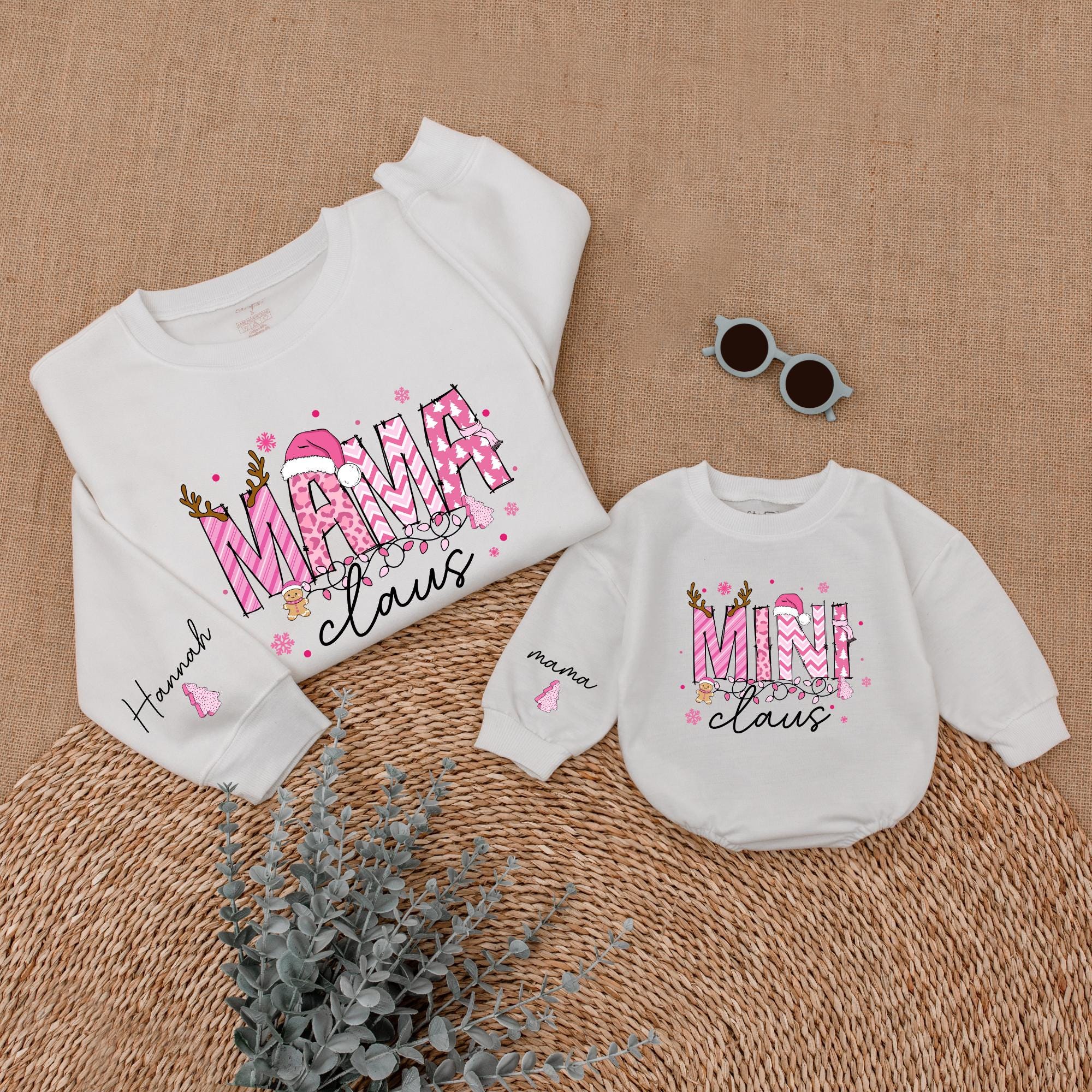 Personalized Mama and Mini Claus Christmas Sweatshirt Set for Girls Soft Pink Santa Hat Design Family Holiday Matching Outfit