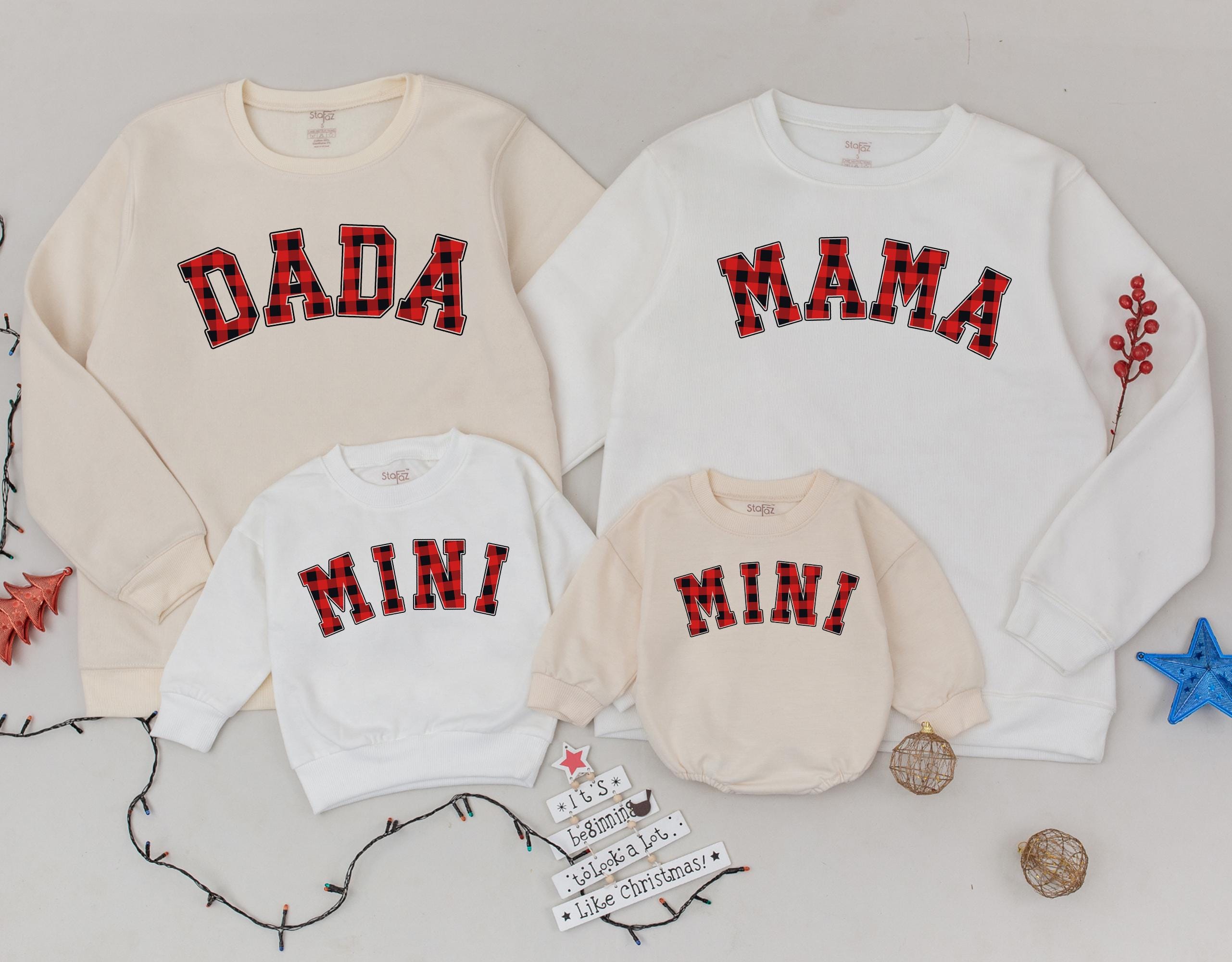 Personalized Red Plaid Christmas Mama Mini Sweatshirt Matching Family Holiday Outfit Baby Girl Romper Custom Names Cozy Festive Gift