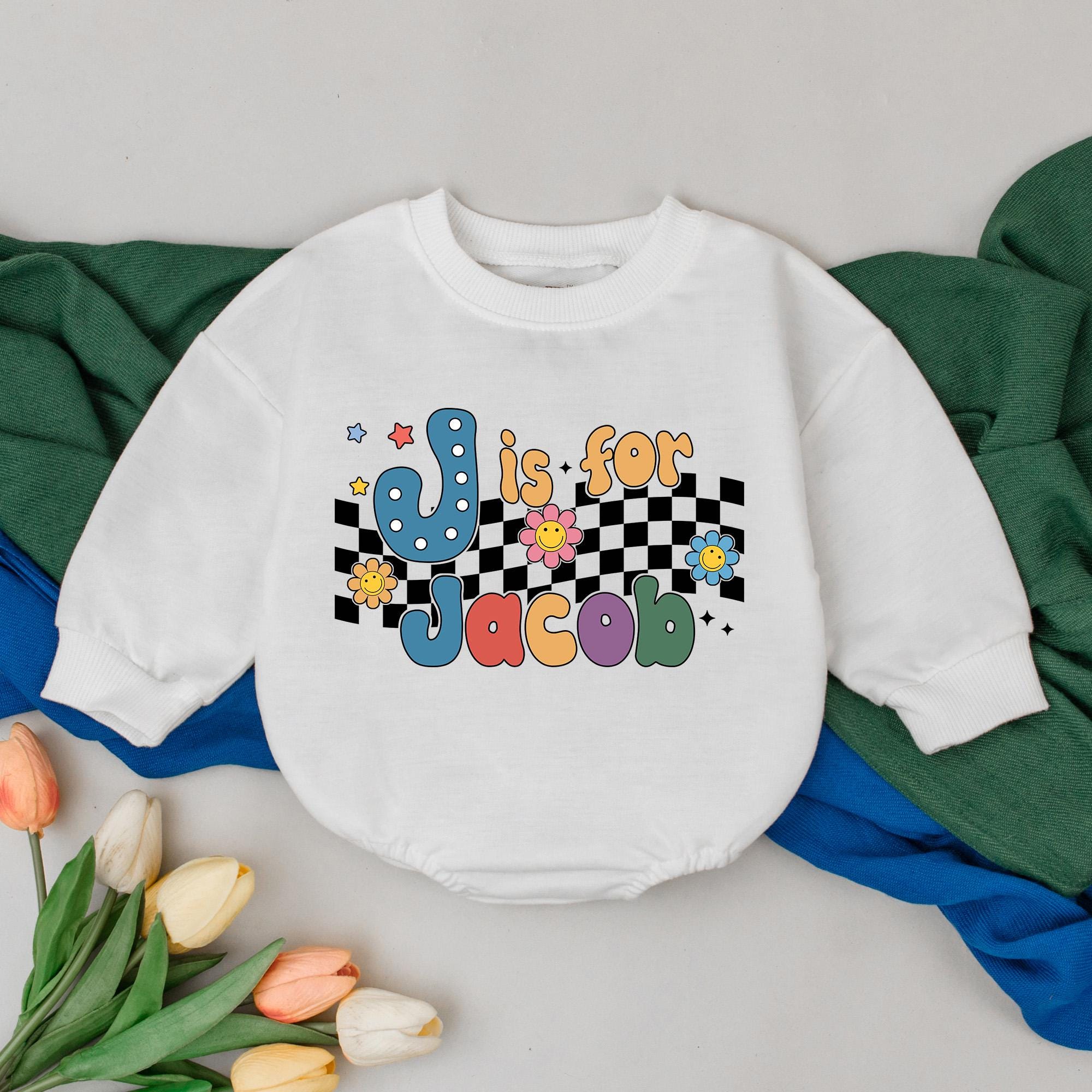 Custom Baby Romper J is for Jacob Colorful Design Birthday Outfit Infant Girl Gift Spring Party Wear Soft Cotton Fun Graphics
