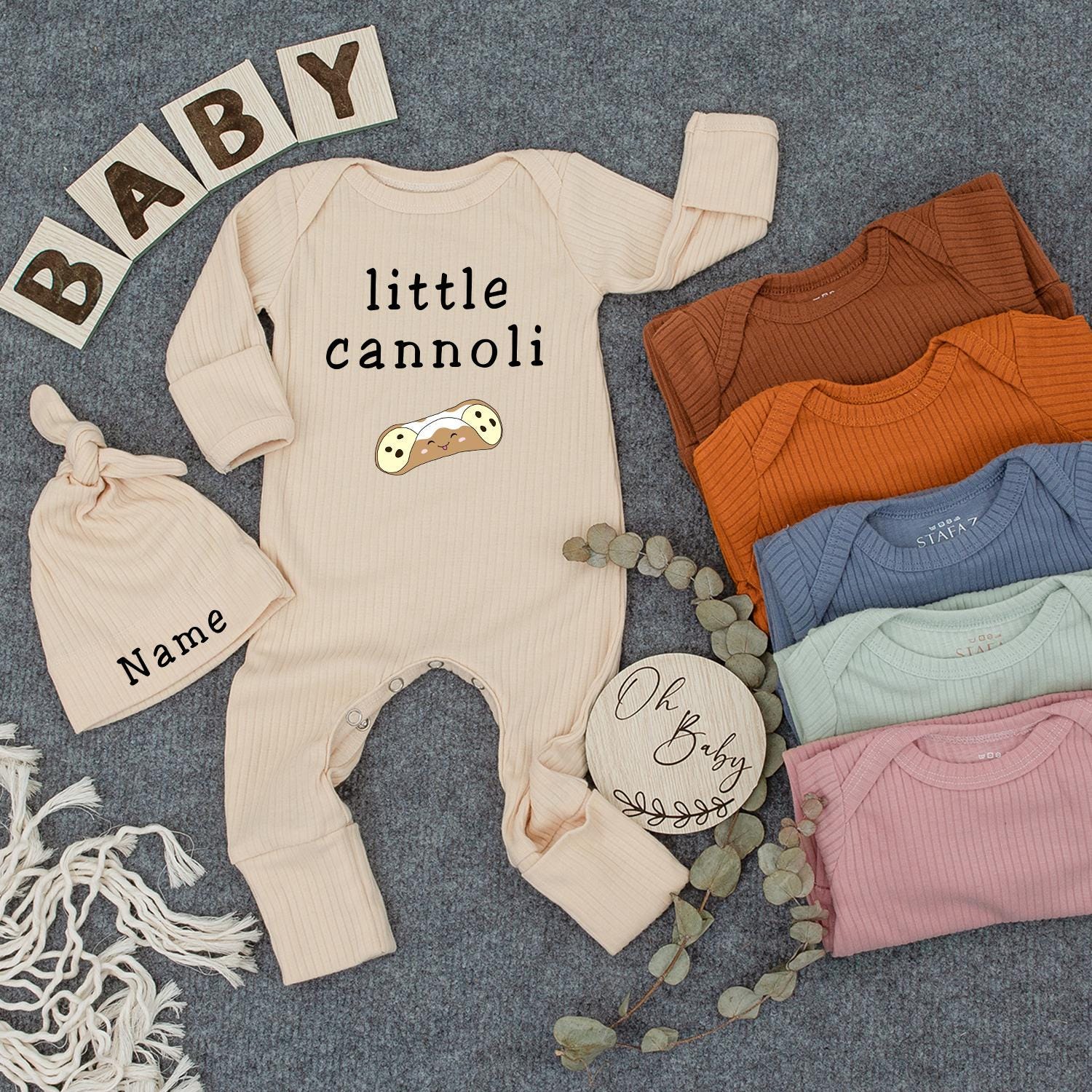 Little Cannoli Baby Bodysuit Hat Set Personalized Pastry Theme Soft Unisex Gift Newborn Going Home Outfit Keepsake Chocolate Accents