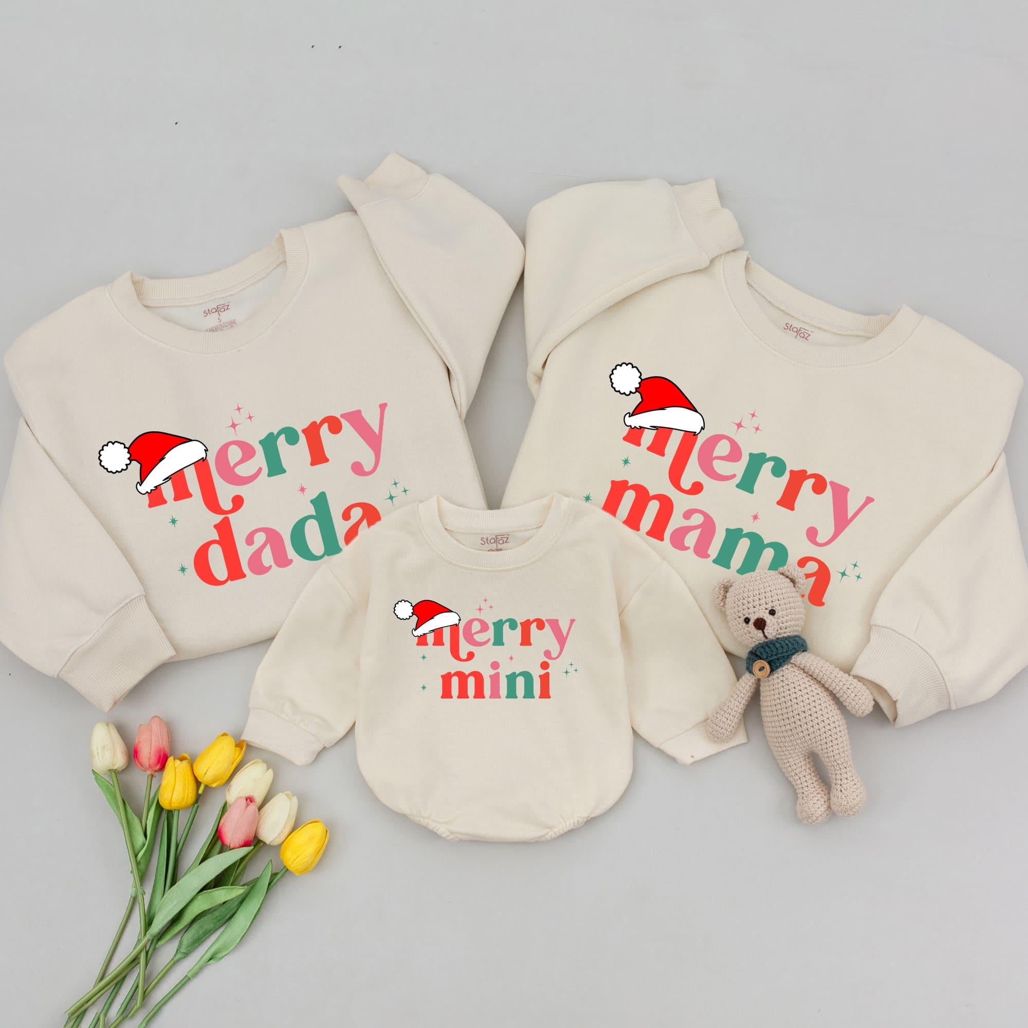 Matching Family Christmas Outfits Soft Cotton Holiday Shirts with Merry Mama Dada Mini Whimsical Santa Hat Design Personalization