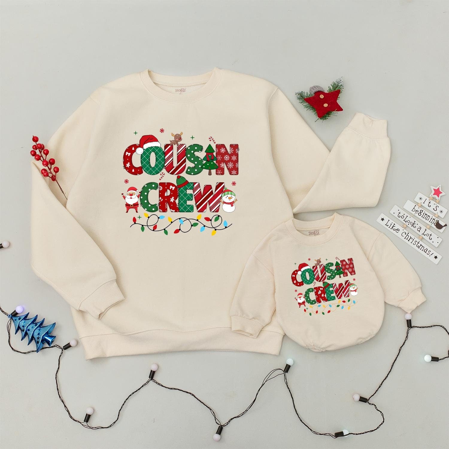 Cousin Crew Festive Christmas Sweater Matching Family Holiday Outfit Baby Toddler Soft Cotton Santa Reindeer Holiday Cheerful Design