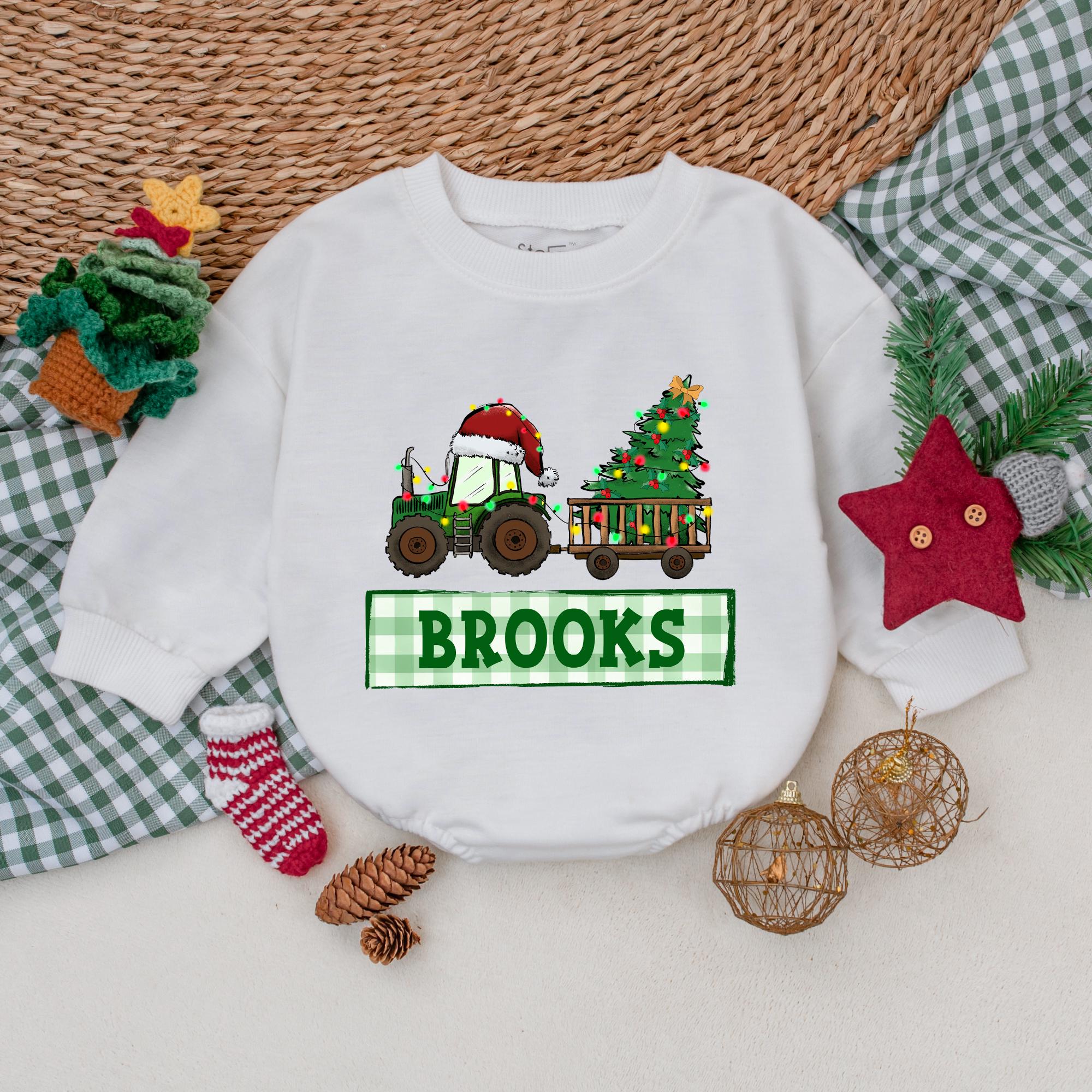 Personalized Christmas Tractor Romper for Boys Festive Baby Outfit with Santa Hat and Gingham Pattern Perfect for Holiday Celebrations Gift