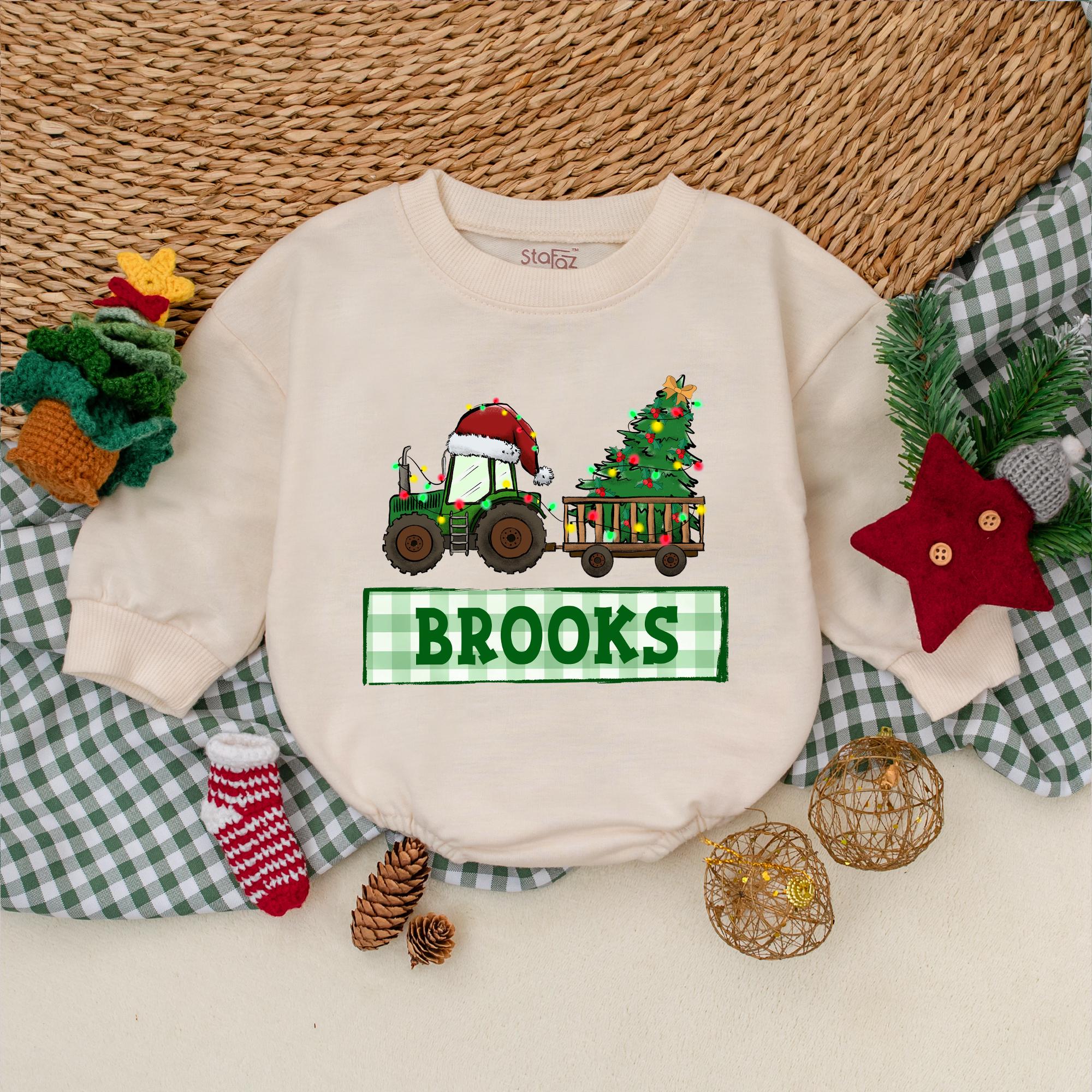 Personalized Christmas Tractor Romper for Boys Festive Baby Outfit with Santa Hat and Gingham Pattern Perfect for Holiday Celebrations Gift