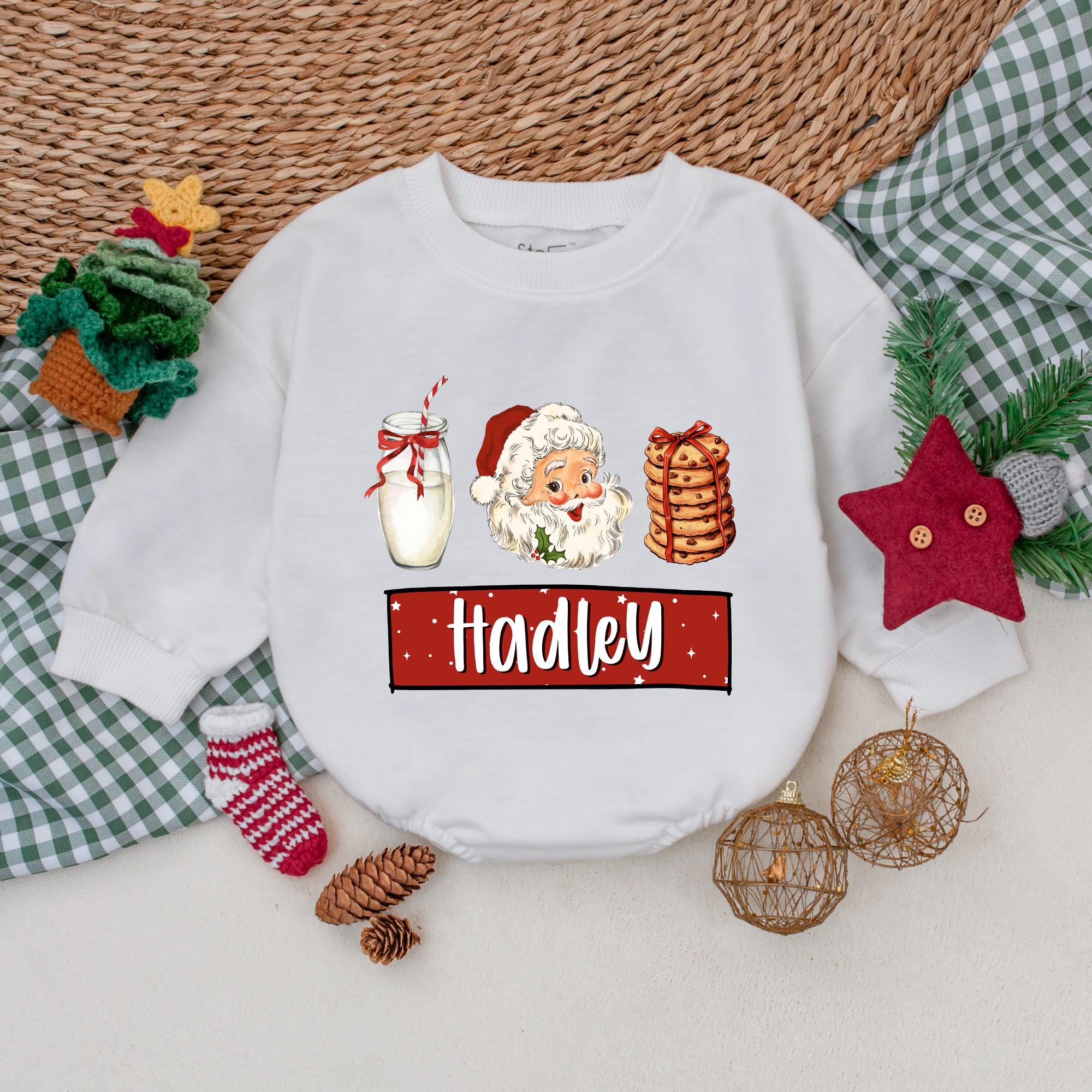 Custom Name Vintage Santa Baby Romper Cozy First Christmas Outfit Personalized Infant Holiday Bodysuit with Milk and Cookies Design