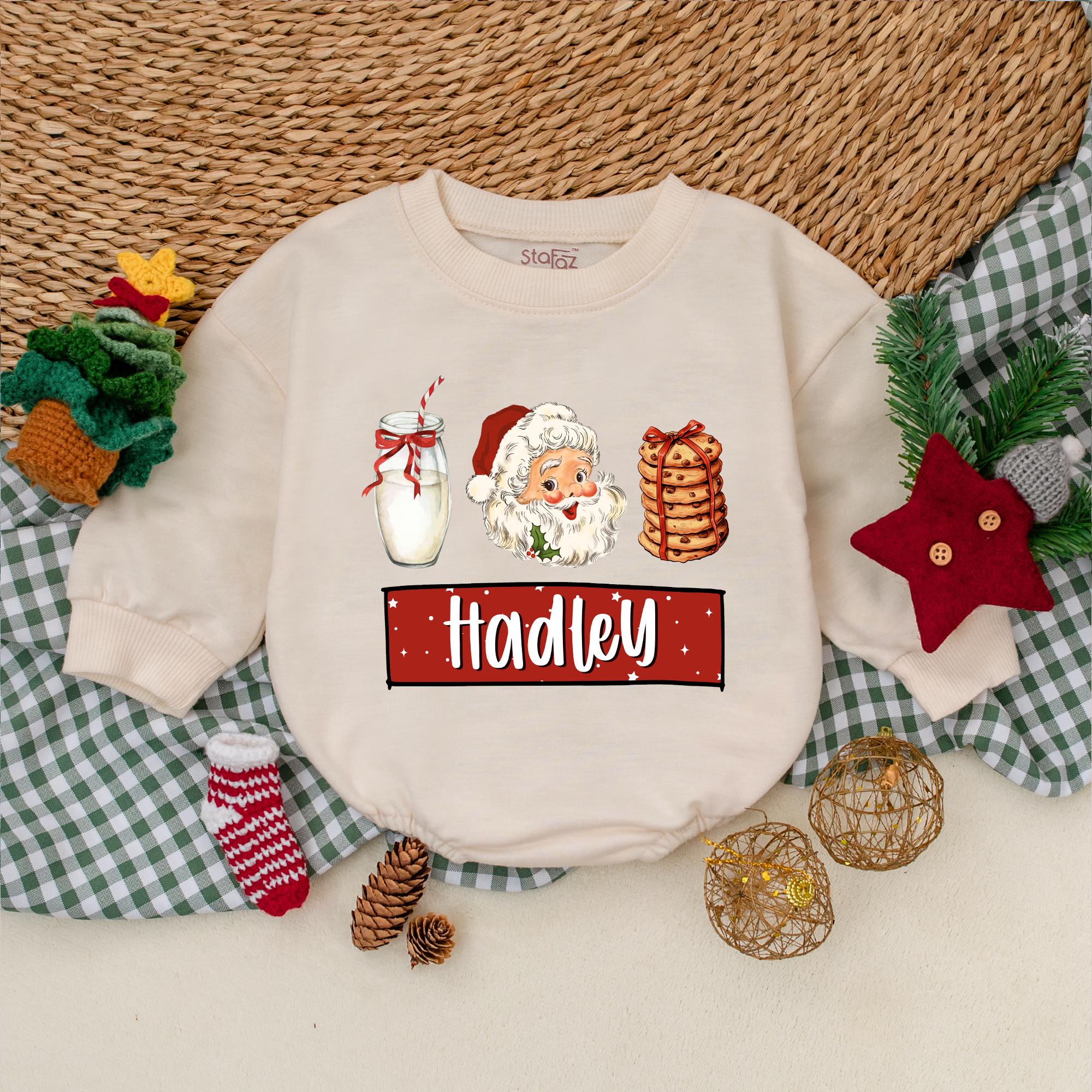Custom Name Vintage Santa Baby Romper Cozy First Christmas Outfit Personalized Infant Holiday Bodysuit with Milk and Cookies Design