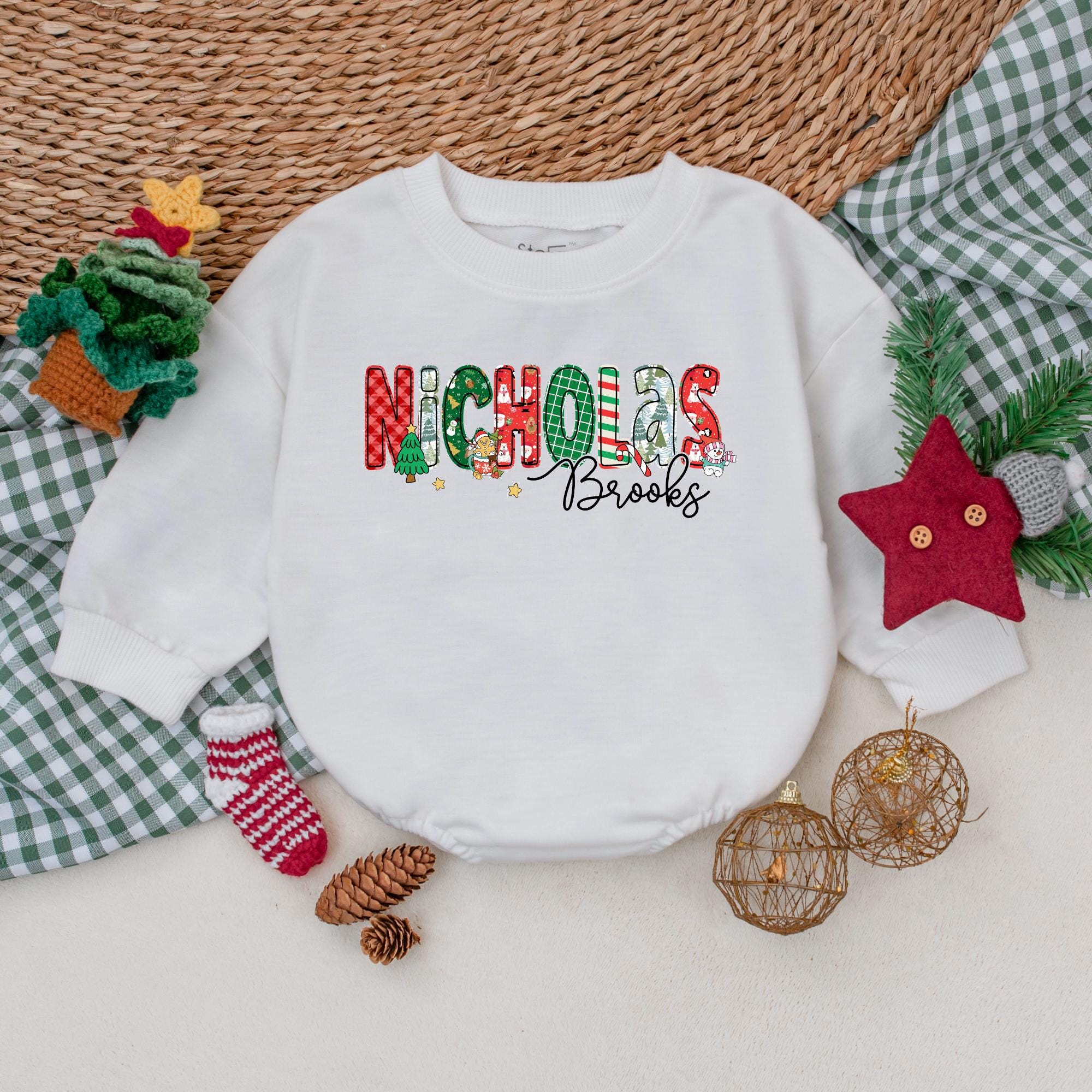 Custom Name Christmas Baby Romper Nicholas Brooks Festive Design Boy Holiday Outfit Soft Toddler Bodysuit My First Christmas Gift