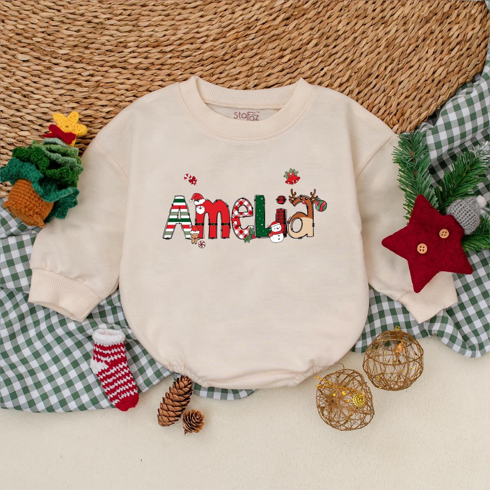 Custom Name Christmas Baby Romper Festive Amelia Design Holiday Outfit Cotton Soft First Xmas Baby Clothes Personalized Gift