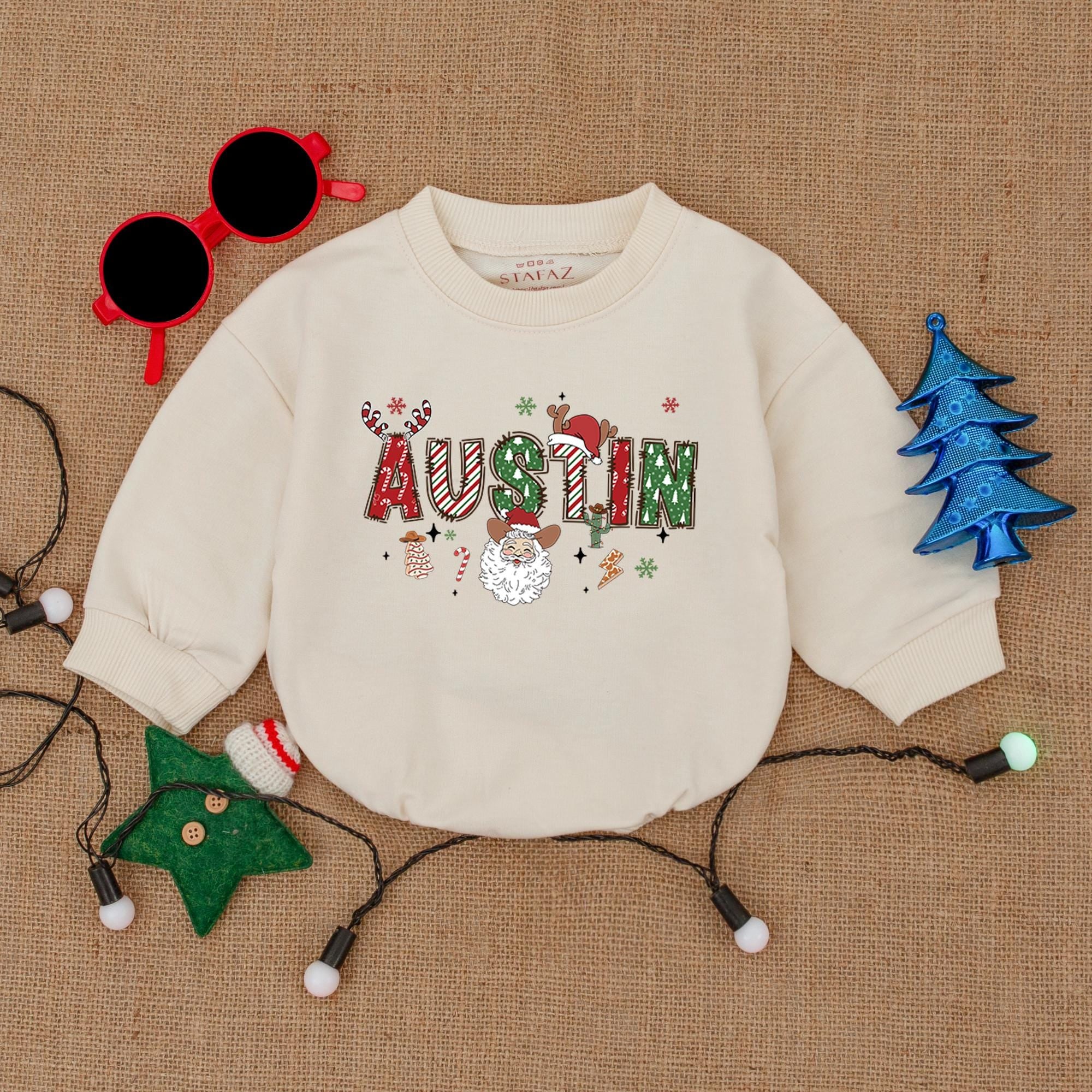 Custom Baby Christmas Bodysuit Austin Lucus Festive Design Holiday Outfit Soft Cotton Personalized First Christmas Gift