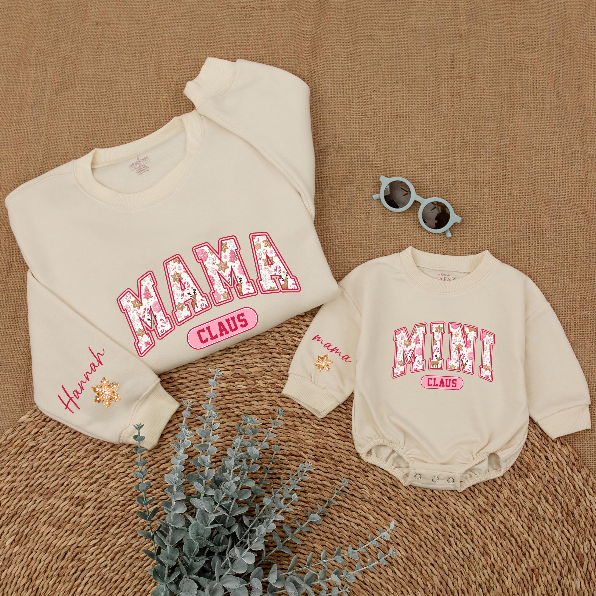 Personalized Mama and Mini Claus Christmas Sweatshirt Candy Cane Stripe Matching Family Holiday Outfit Soft Cotton Baby Romper