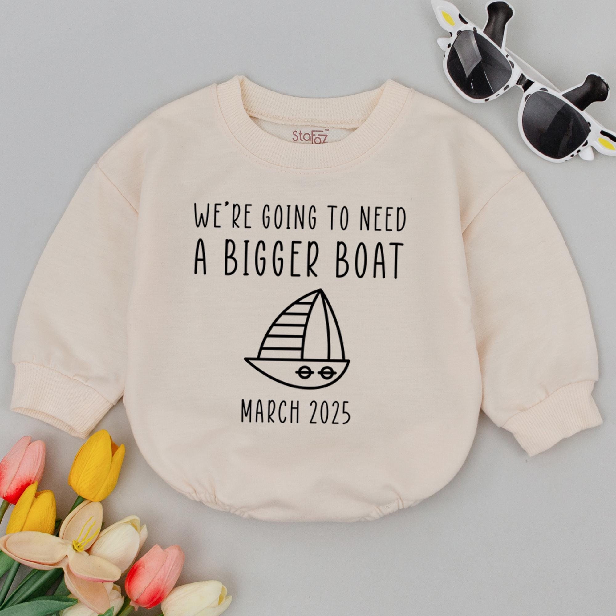 We're Going to Need a Bigger Boat Baby Romper Personalized Nautical Pregnancy Reveal Gift Soft Cotton Infant Outfit Expecting Announcement
