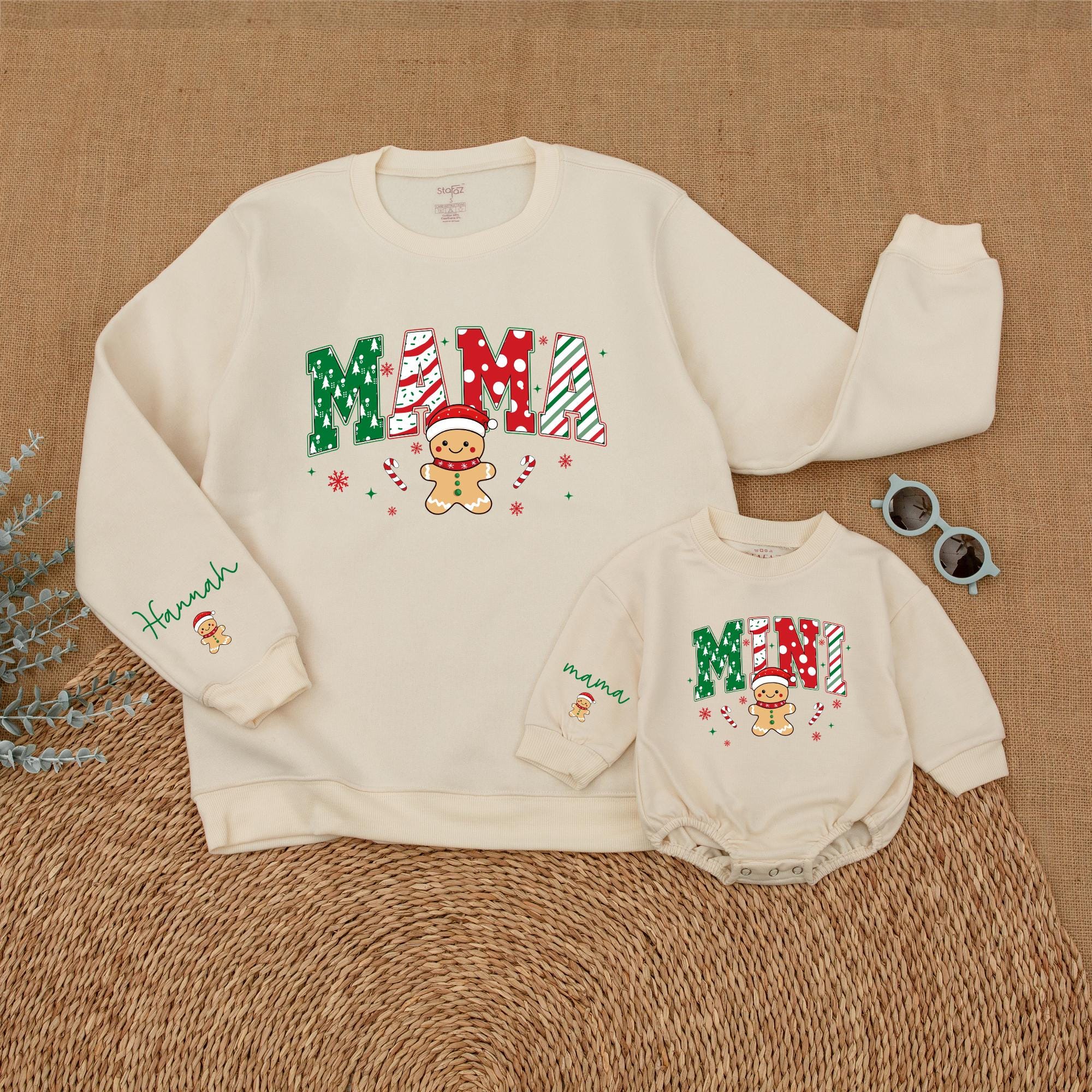 Personalized Christmas Mama and Mini Sweatshirt Gingerbread Design Matching Family Holiday Outfit Soft Cotton Custom Names